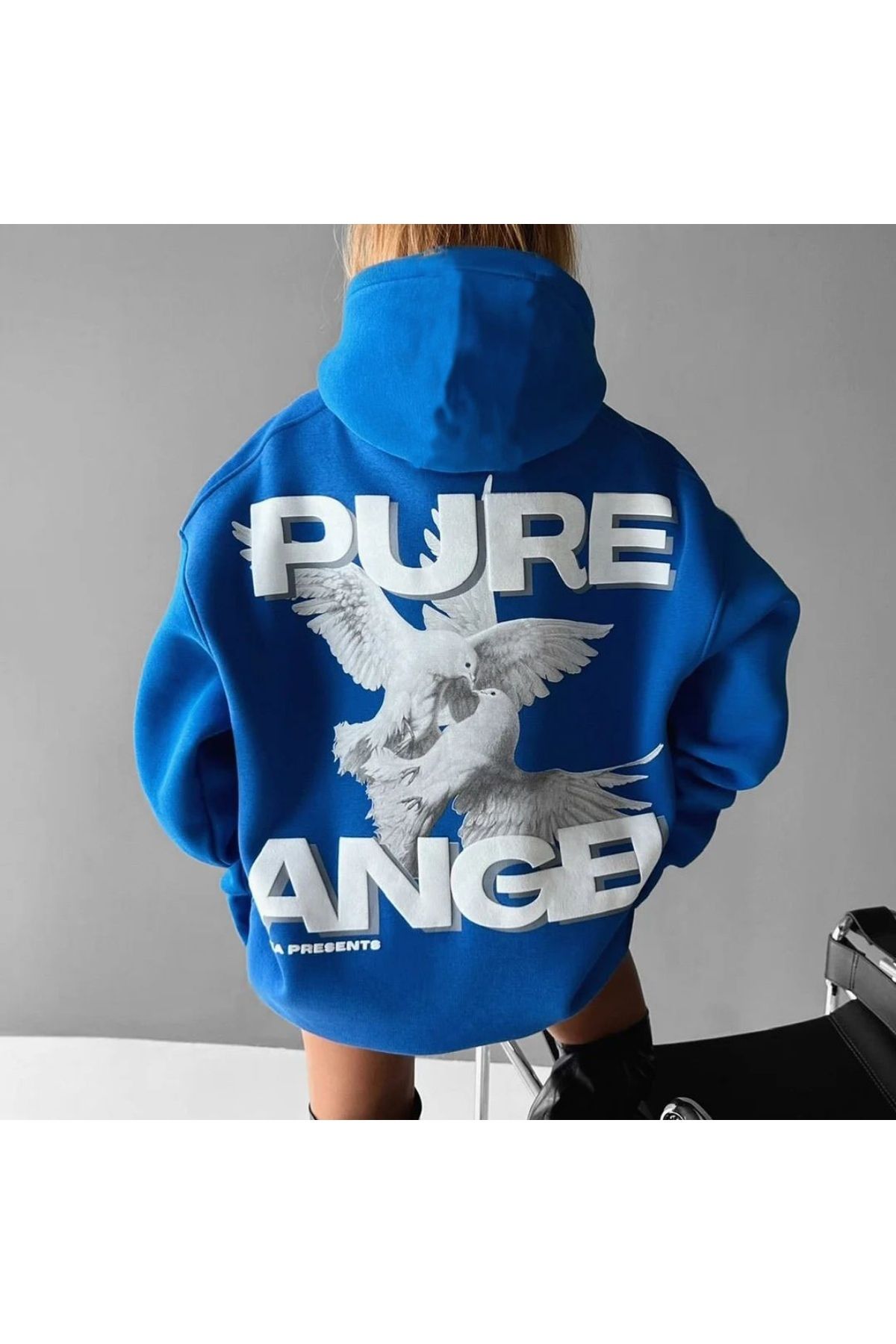 GIANTSTORE Mavi Pure Angel Guvercin Basklı Kapüşonlu Oversize Sweatshirt Unisex