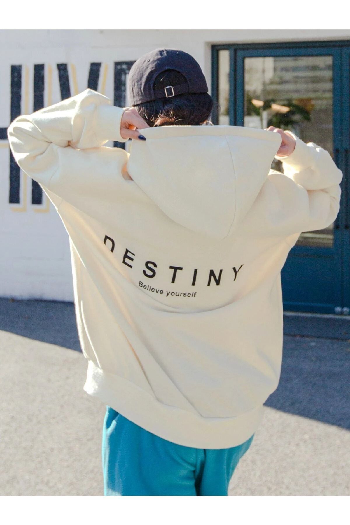 GIANTSTORE Modaseninle Kadın Krem Destiny Baskı Oversize Kapüşonlu Sweatshirt