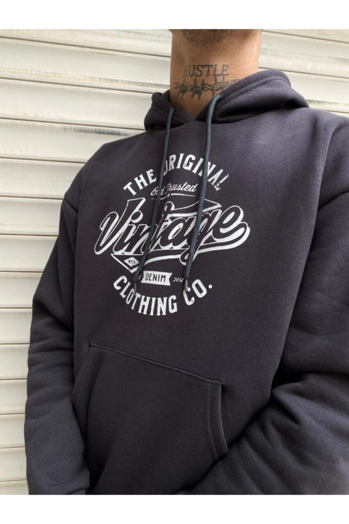 GIANTSTORE Erkek Antrasit Vintage Baskılı Sweatshirt