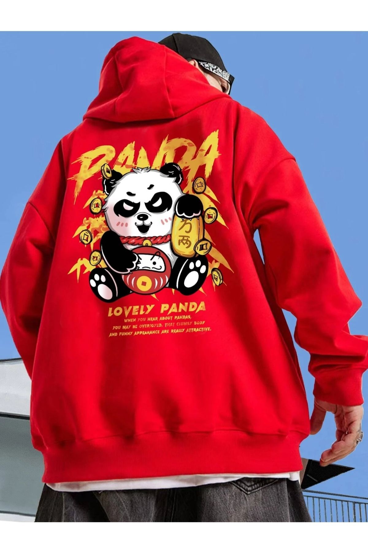 GIANTSTORE Kırmızı Lovely Panda Baskılı Oversize Kapüşonlu Erkek Sweatshirt