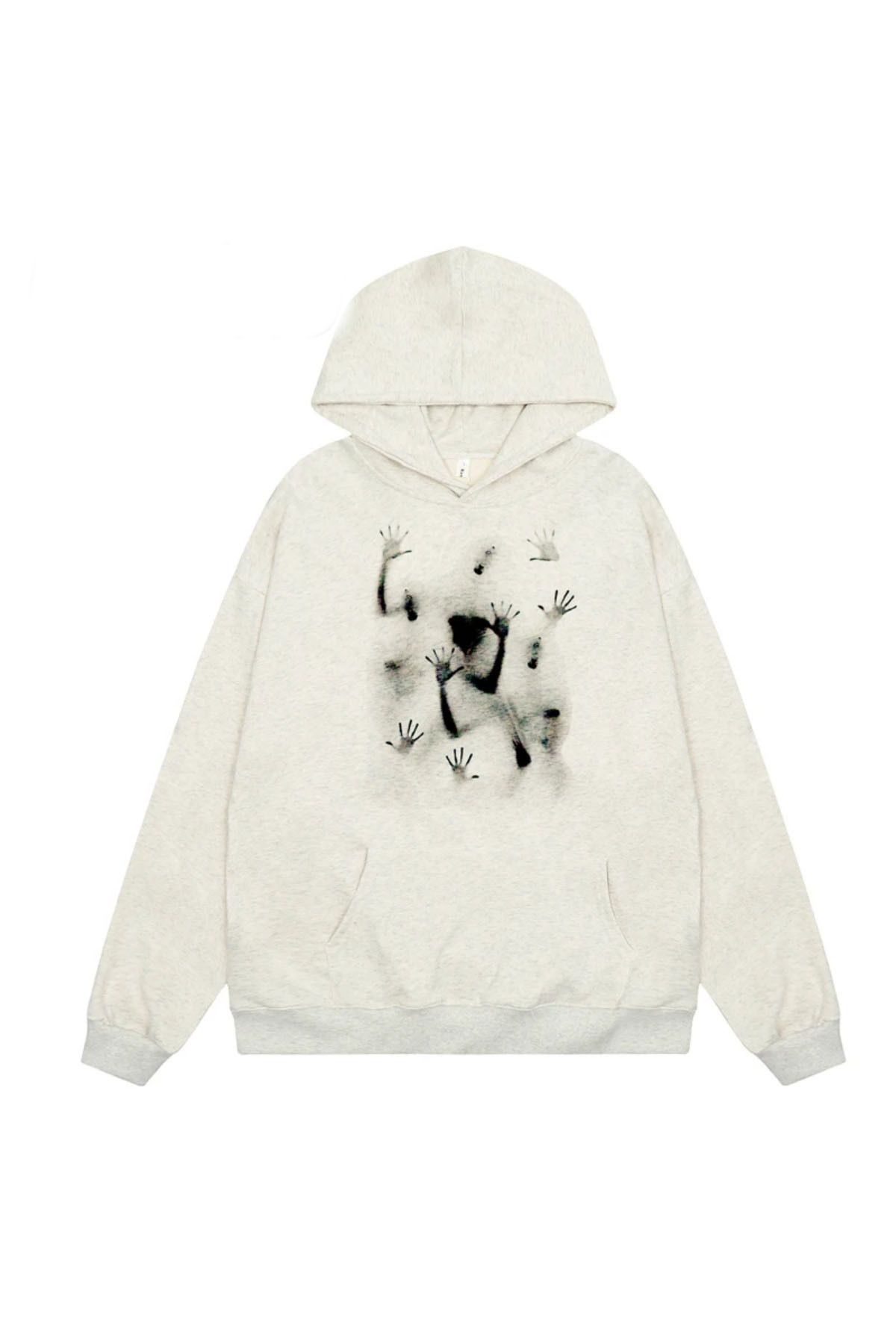 GIANTSTORE Beyaz El İzleri Baskılı Oversize Kapüşonlu Sweatshirt Unisex