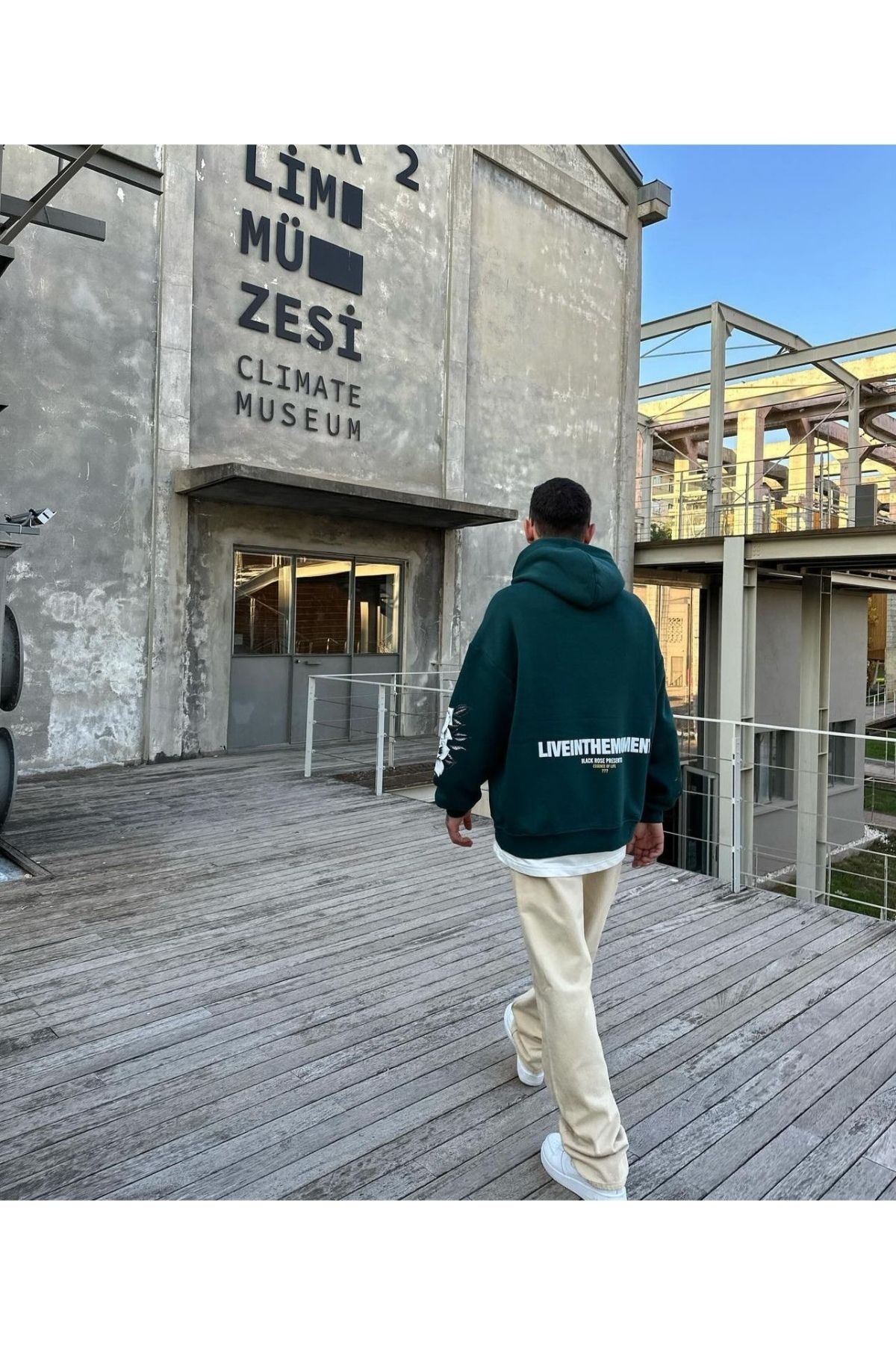 GIANTSTORE Yeşil Live in Themoment Baskılı Oversize Kapüşonlu Sweatshirt Unisex