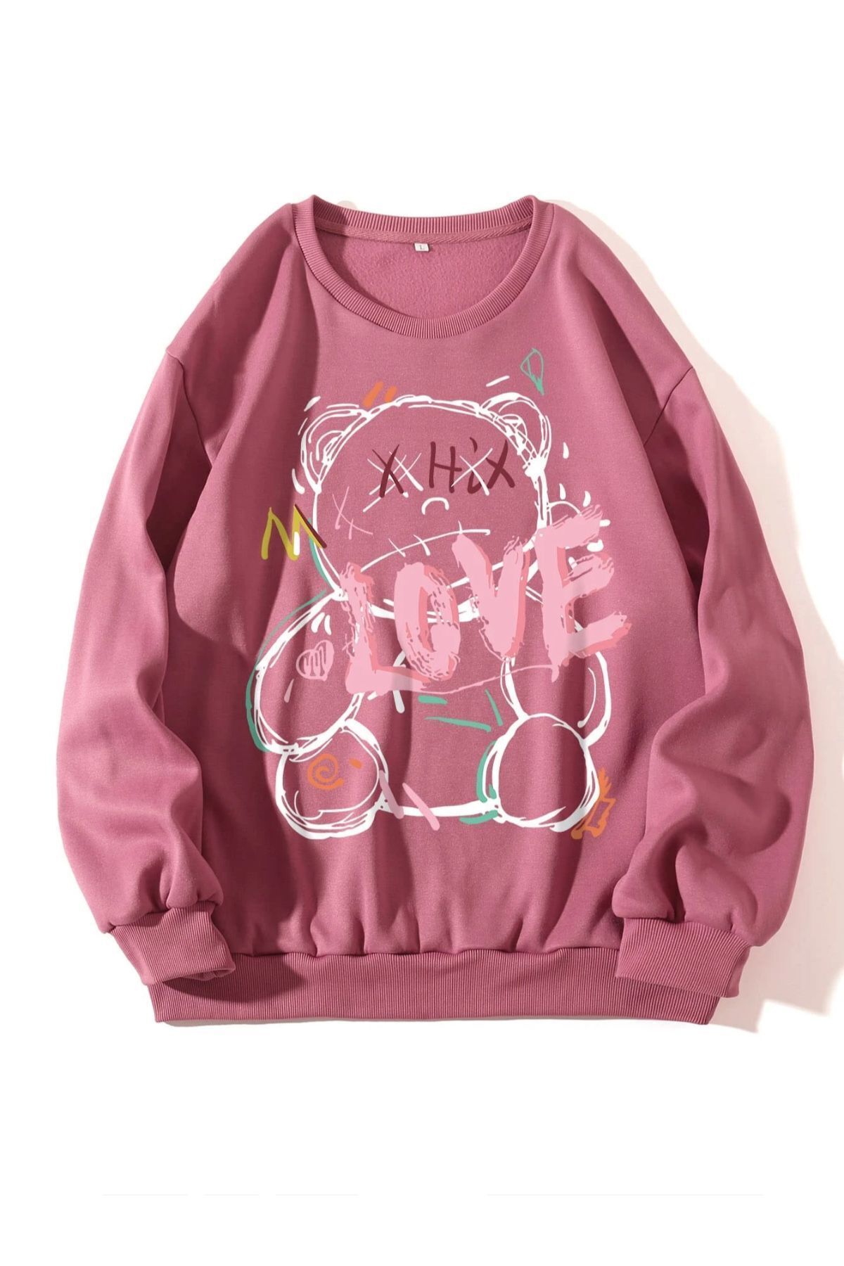 GIANTSTORE Unisex Gül Kurusu Love Bisiklet Yaka Baskılı Oversize Sweatshirt