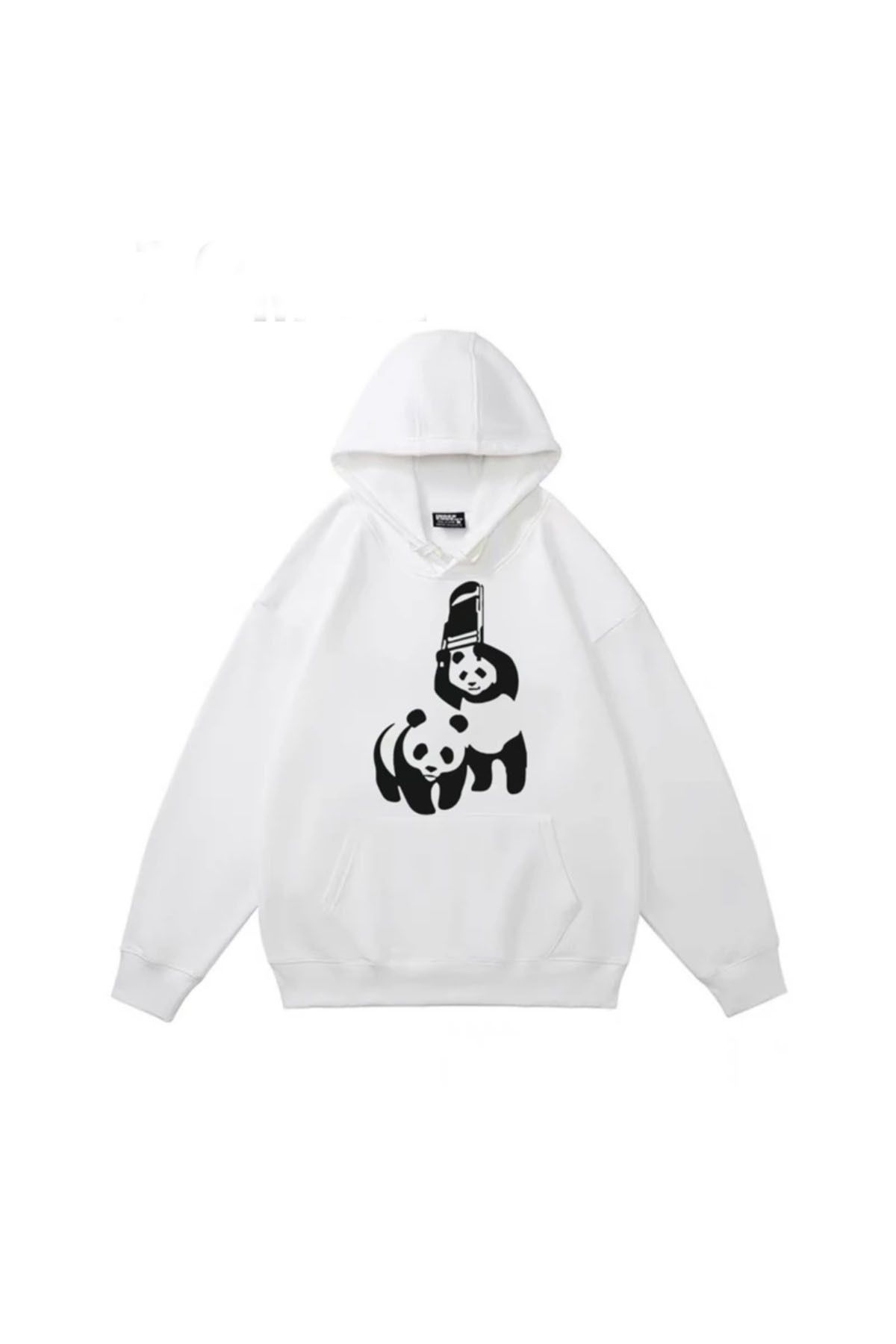 GIANTSTORE Beyaz Panda Sandalye Baskılı Oversize Kapüşonlu Sweatshirt Unisex