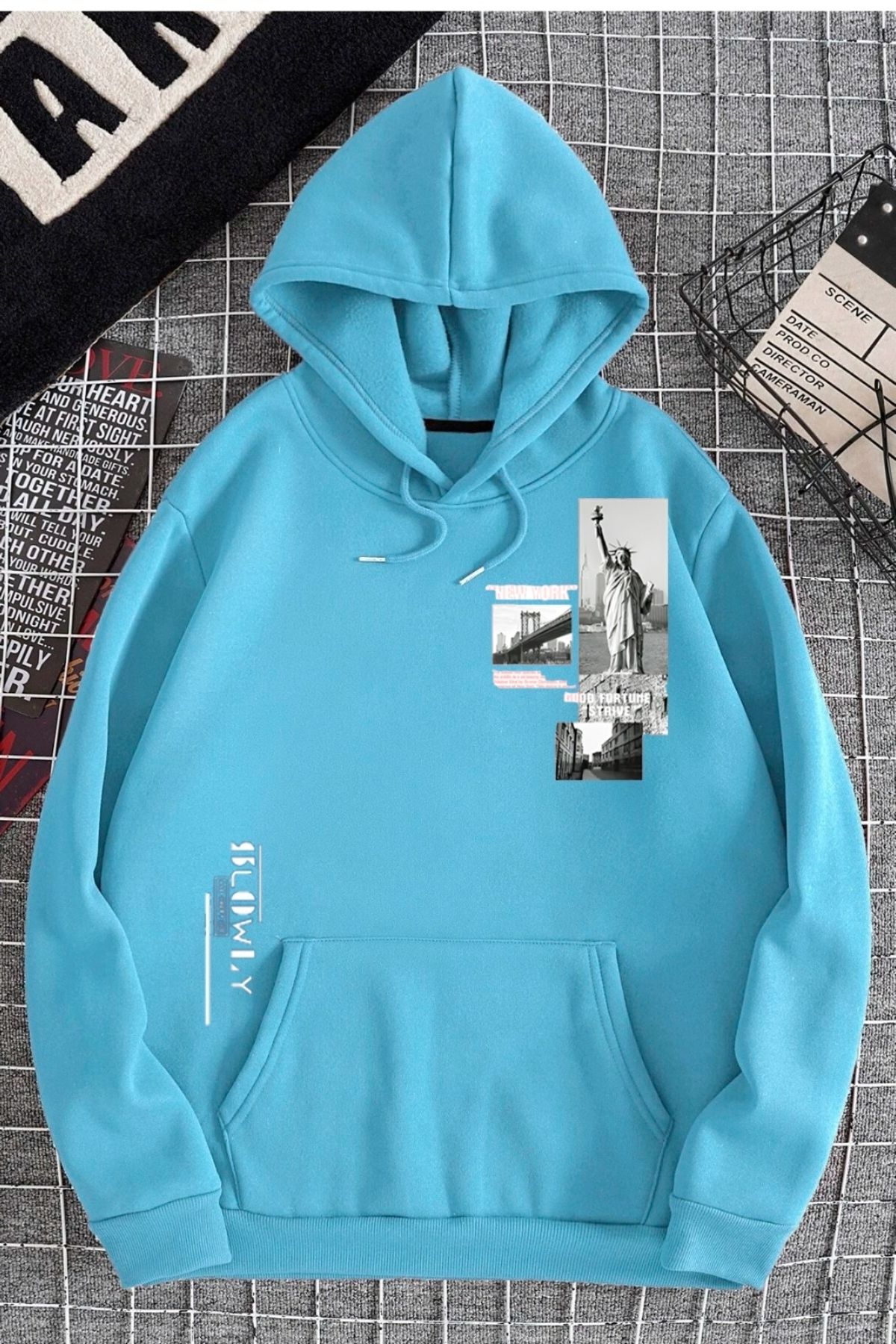 GIANTSTORE Bebe Mavisi Özgürlük Heykeli Baskılı Oversize Kapuşonlu Erkek Sweatshirt.
