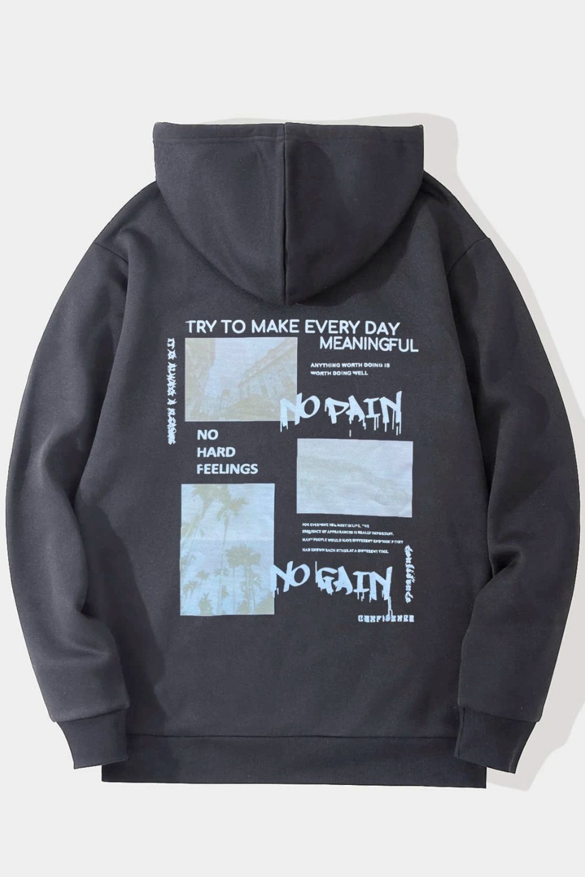 GIANTSTORE Antrasit No Pain No Gain Baskılı Oversize Kapuşonlu Unisex Sweatshirt