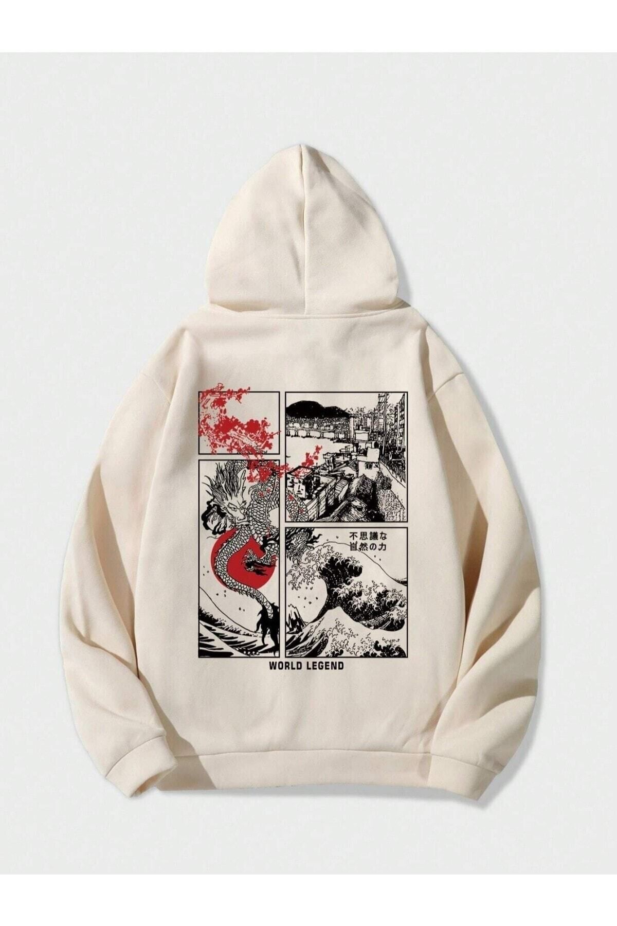GIANTSTORE Bej World Legend Baskılı Oversize Kapüşonlu Erkek Sweatshirt