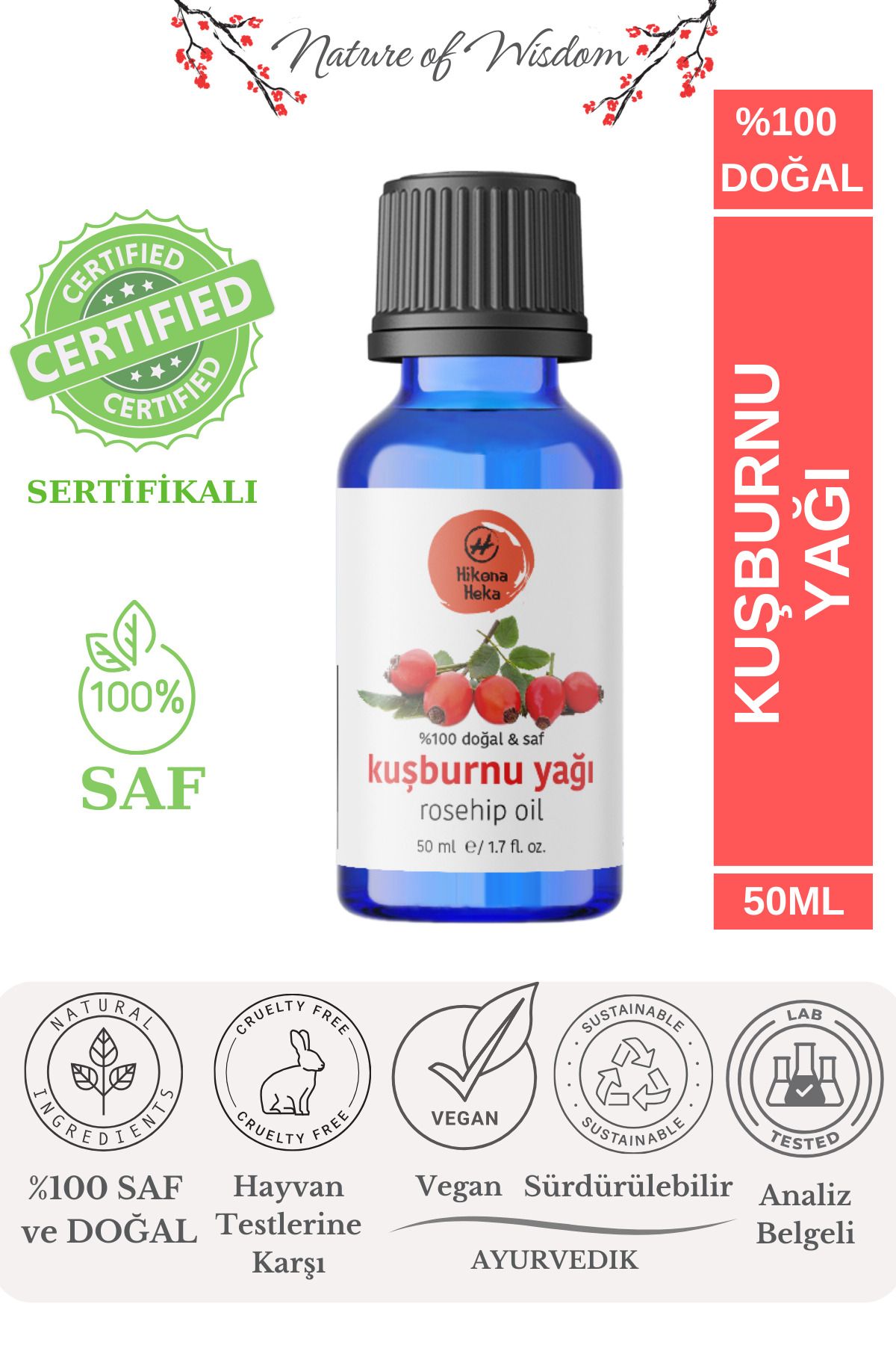 Hikona Heka Kuşburnu Yağı %100 Saf Ve Doğal Soğuk Sıkım 50 ml ( Cilt Ve Saç Bakımı)