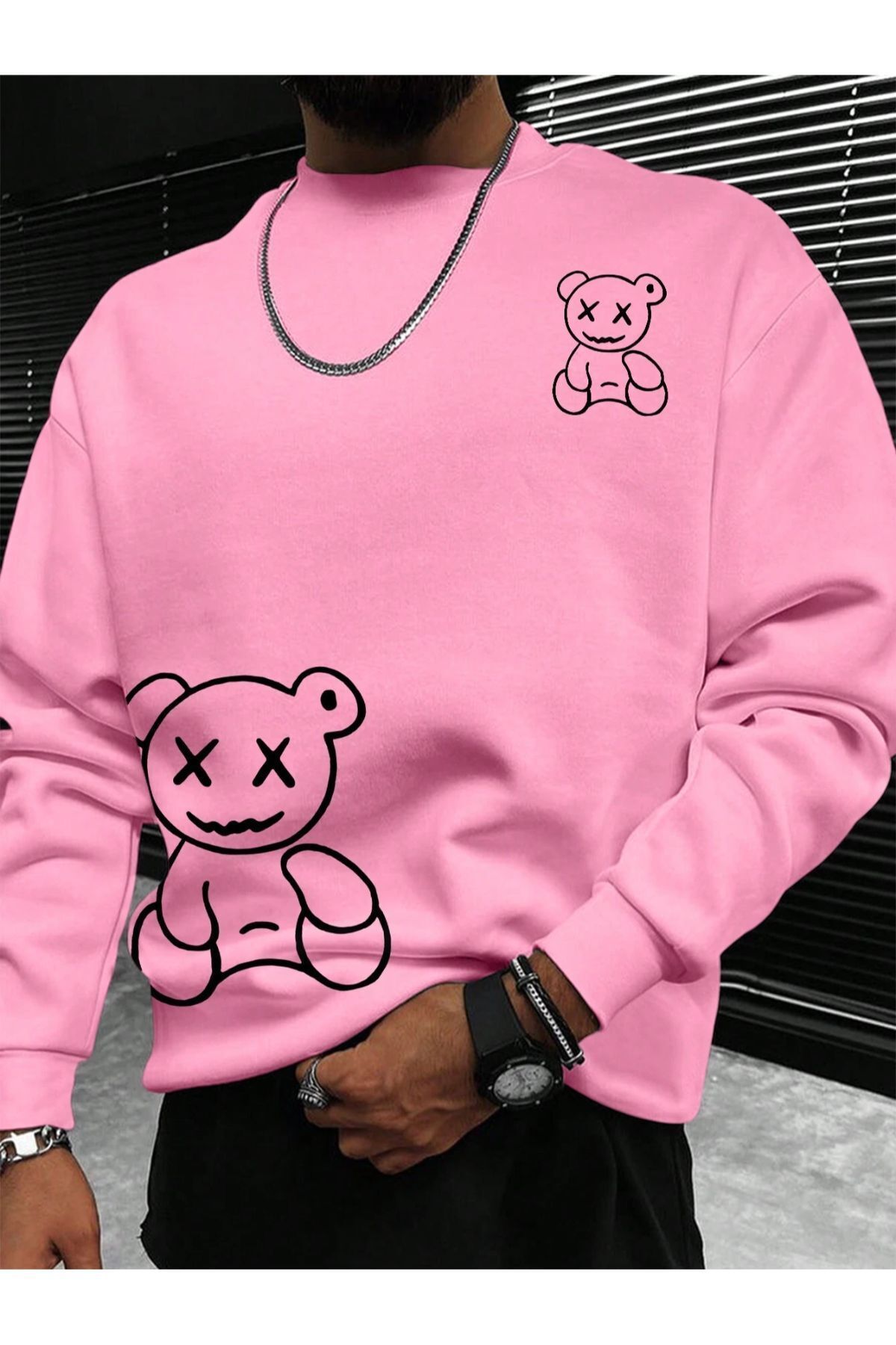 GIANTSTORE Pembe Ayı Baskılı Oversize Bisiklet Yaka Erkek Sweatshirt.