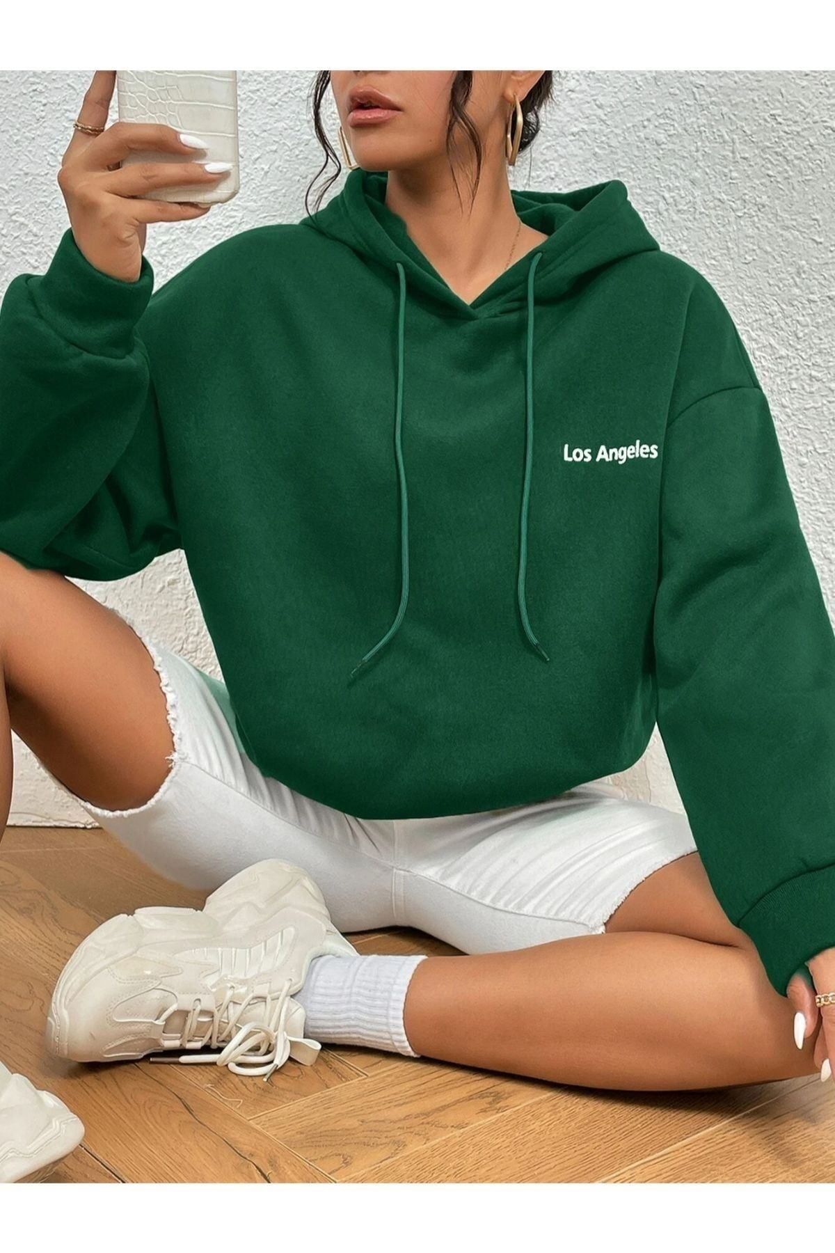 GIANTSTORE Kadın Yeşil Los Angels Küçük Baskılı Oversize Kapüşonlu Sweatshirt
