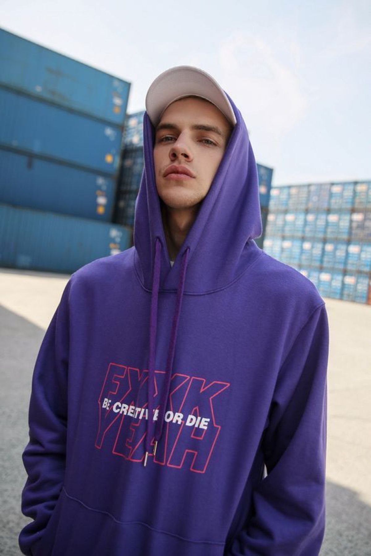 GIANTSTORE Erkek Mor Fxxk Baskılı Oversie Bisiklet Yaka Sweatshirt