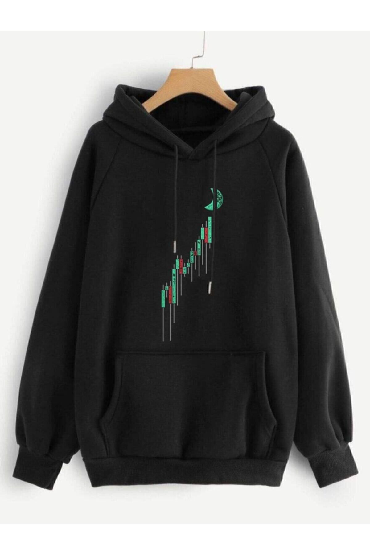 GIANTSTORE Unisex Siyah Rekli Ay Baskılı Sweatshirt