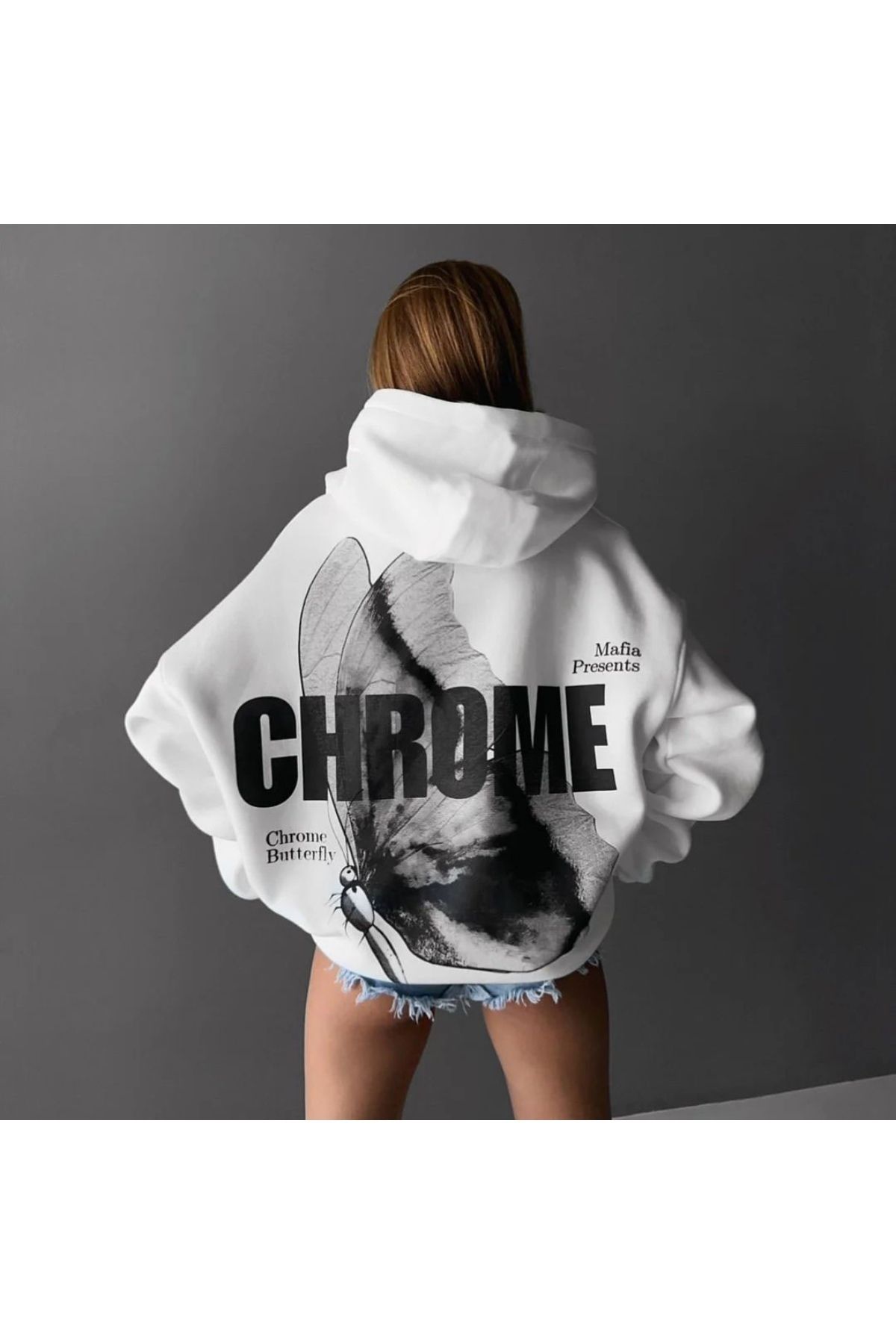 GIANTSTORE Beyaz Chorome Kelebek Basklı Kapüşonlu Oversize Sweatshirt Erkek &