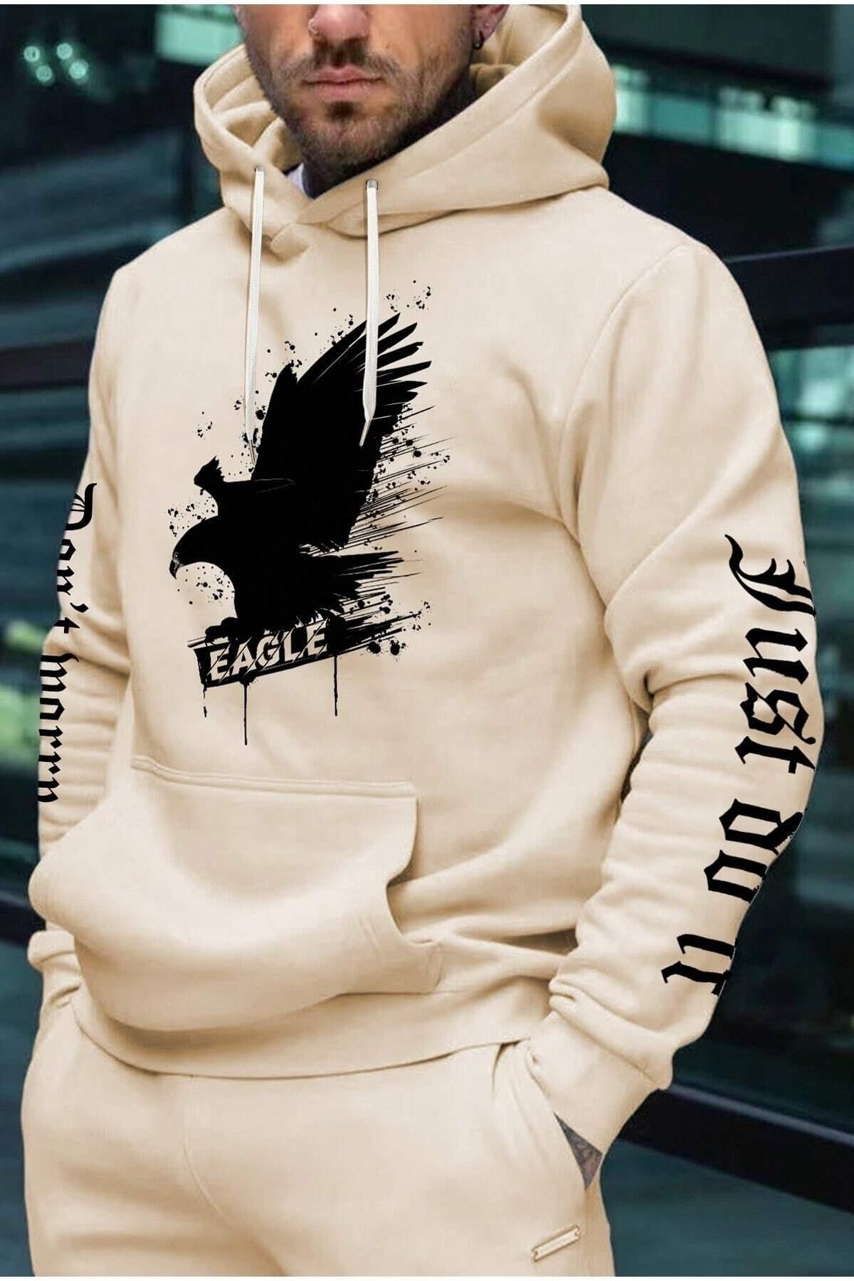 GIANTSTORE Bej Eagle Baskılı Oversize Kapüşonlu Erkek Sweatshirt