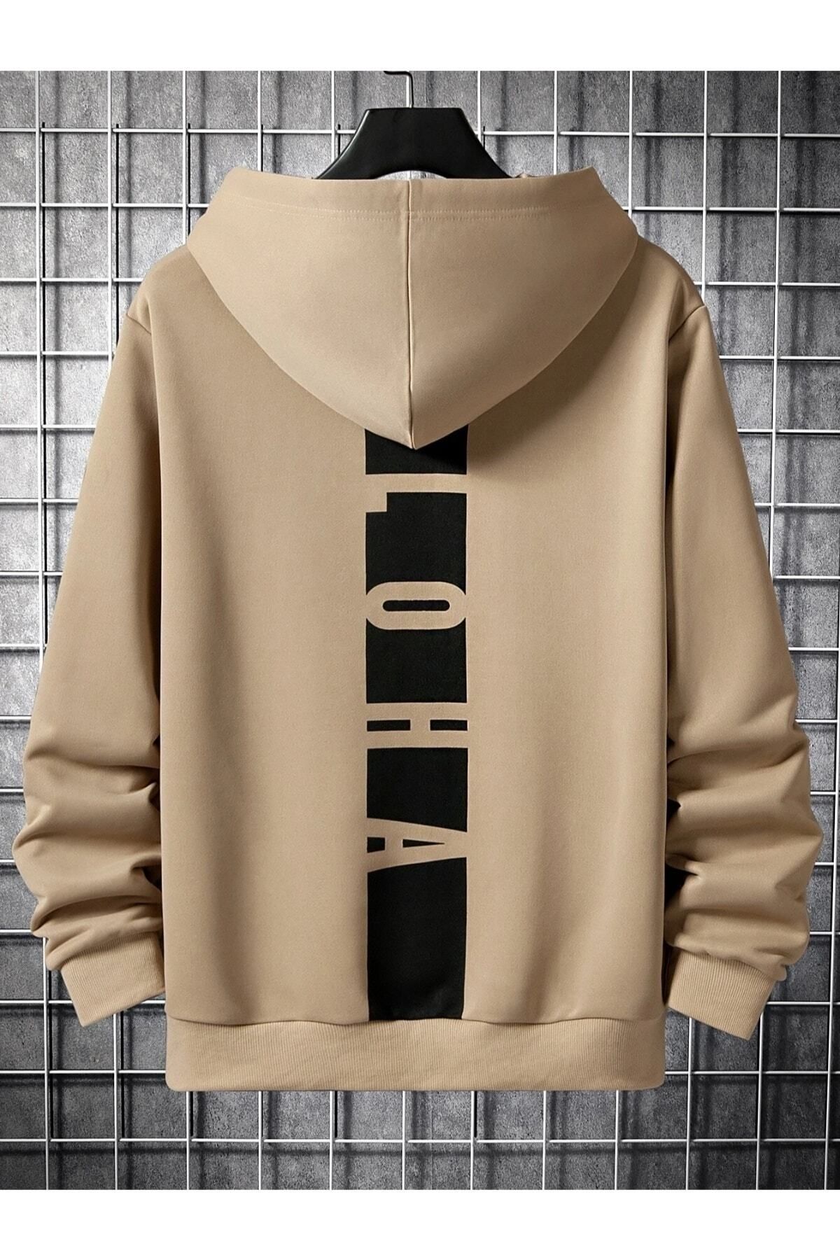 GIANTSTORE Bej Sırt Aloha Baskılı Oversize Kapüşonlu Erkek Sweatshirt