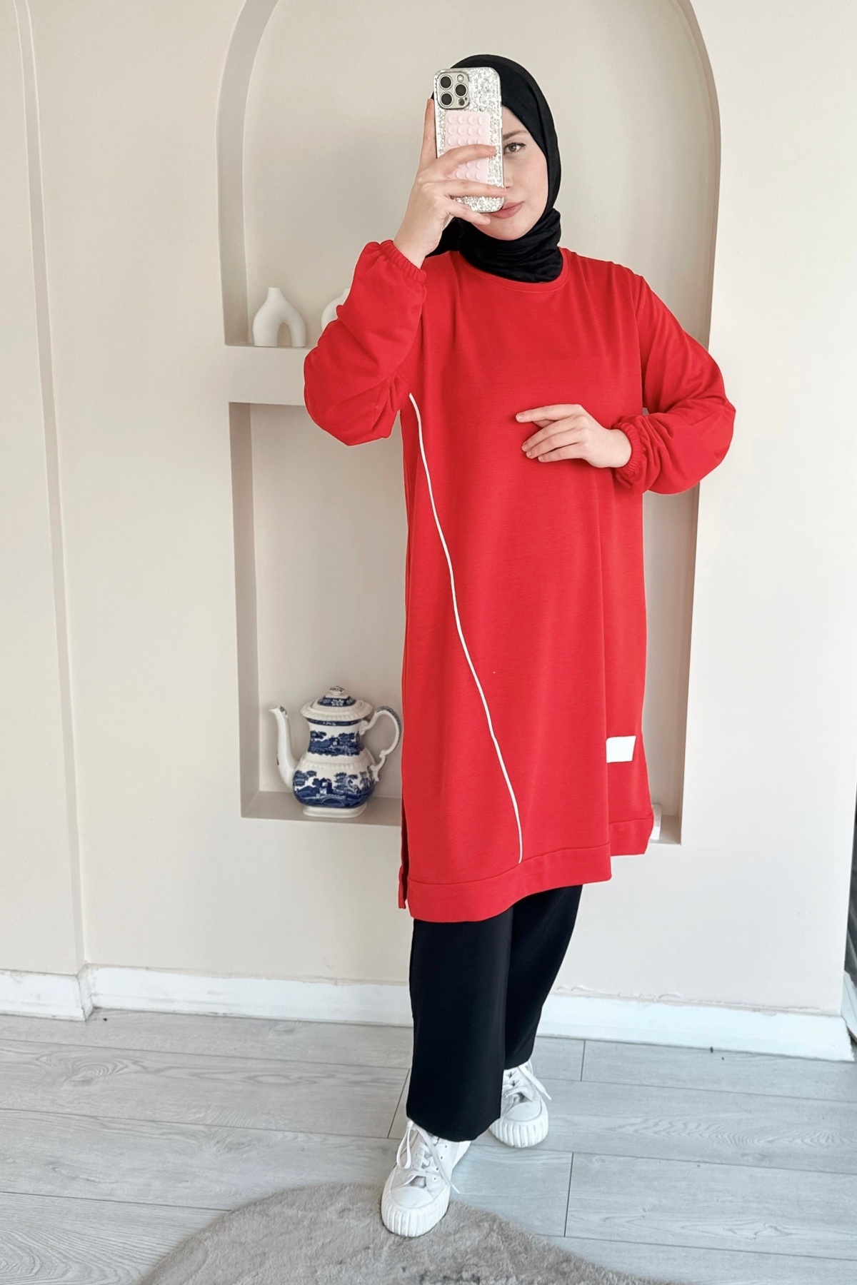 ButikMoor-MO166 سترة حمراء طويلة بخيطين 1