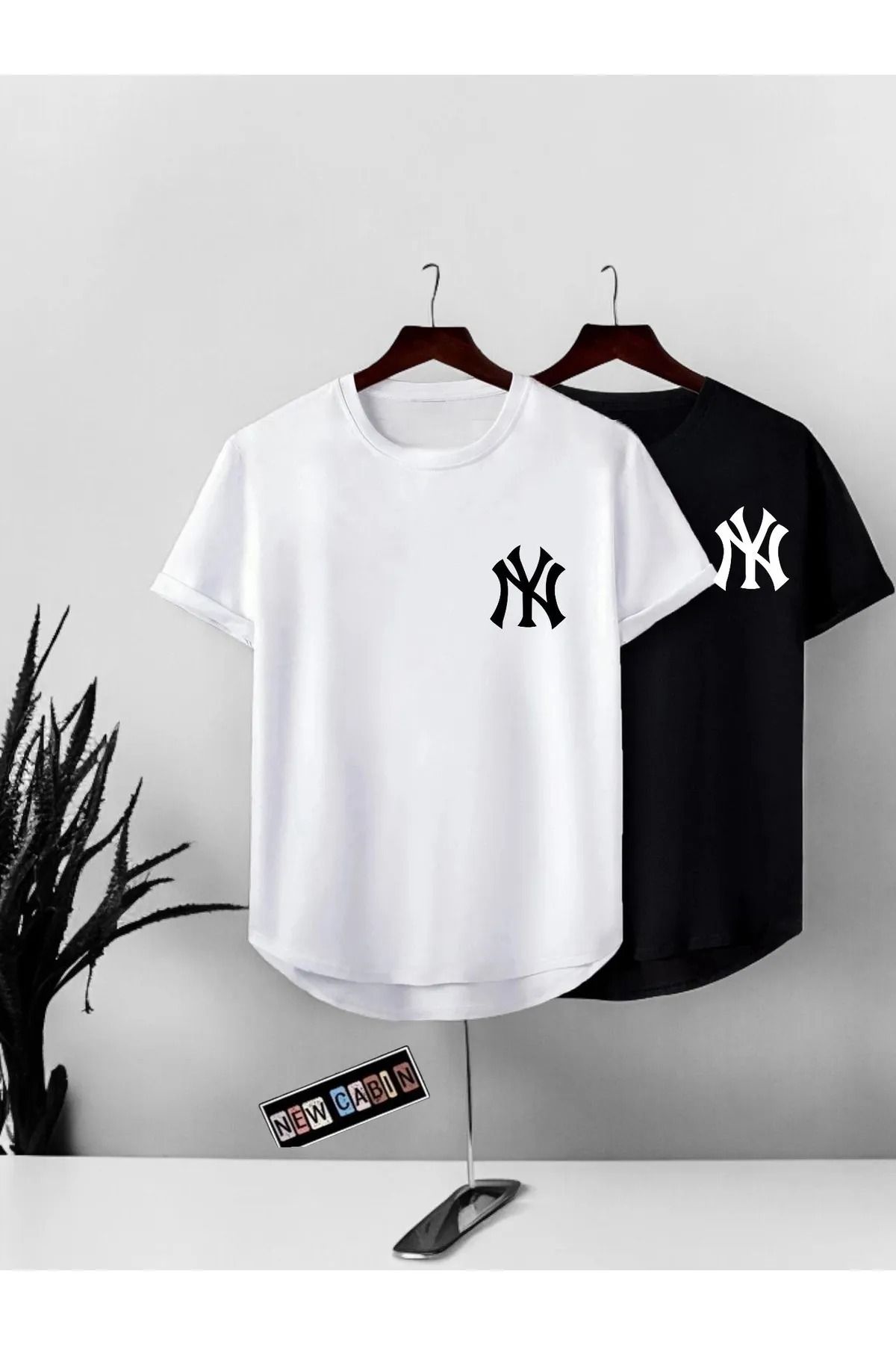 FECCY Unisex Beyaz Siyah Oval Kesim Ny Tasarım Tshirt  2'li Set