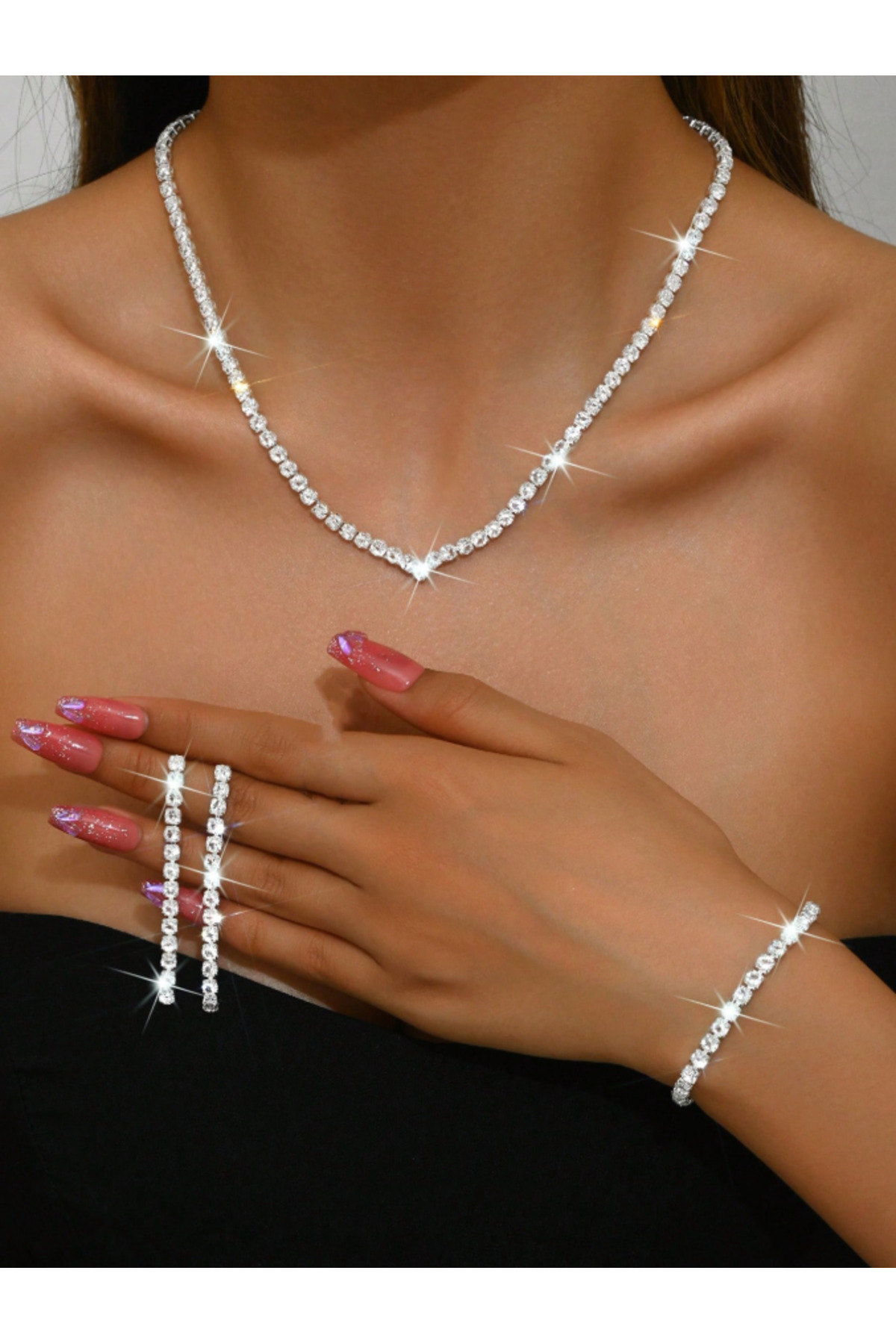 Mupten Kalın Zirkon Taşlı  Su Yolu Silver Kolye Küpe Bileklik Set