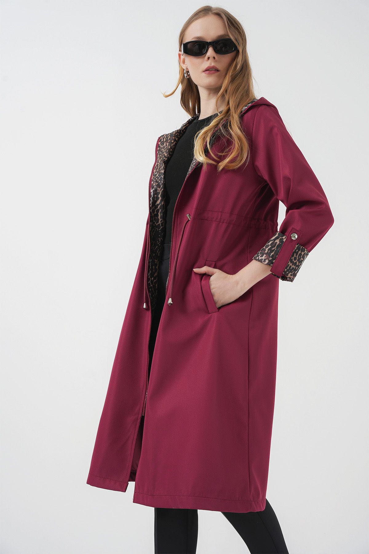 Bigdart-9091 Gathered Waist Hooded Trench Coat - Burgundy 4