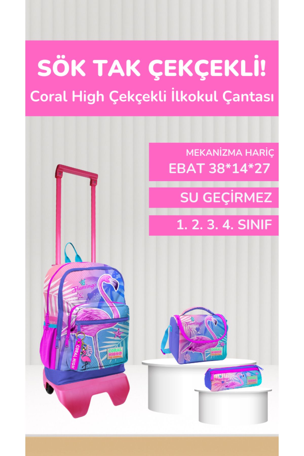 Coral High Kız Çocuk Çekçeki Okul Çantaları Mor Pembe flamingo Desenli Üç/Dört Bölmeli