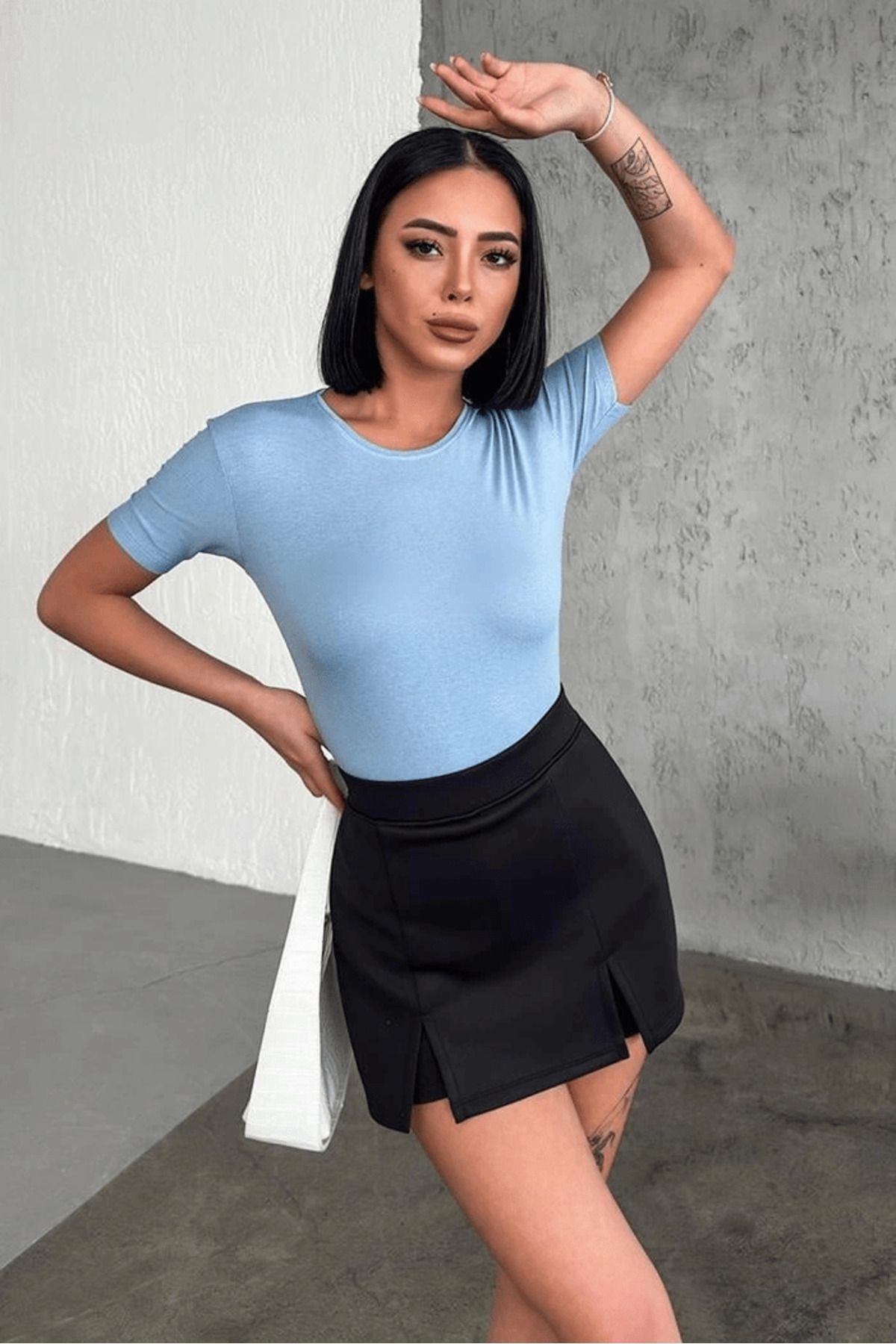 E-RICH Rahat Ve Şık Kısa Kollu Bisiklet Yaka Likralı Viskon Penye Body Bebe Mavisi ( Lisinya )