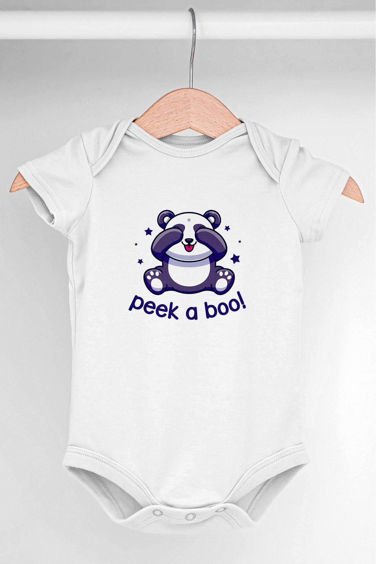 Gleamy Peek A Boo! Panda Baskılı Çıtçıtlı Kısa Kollu Bebek Body Zıbın %100 Pamuklu