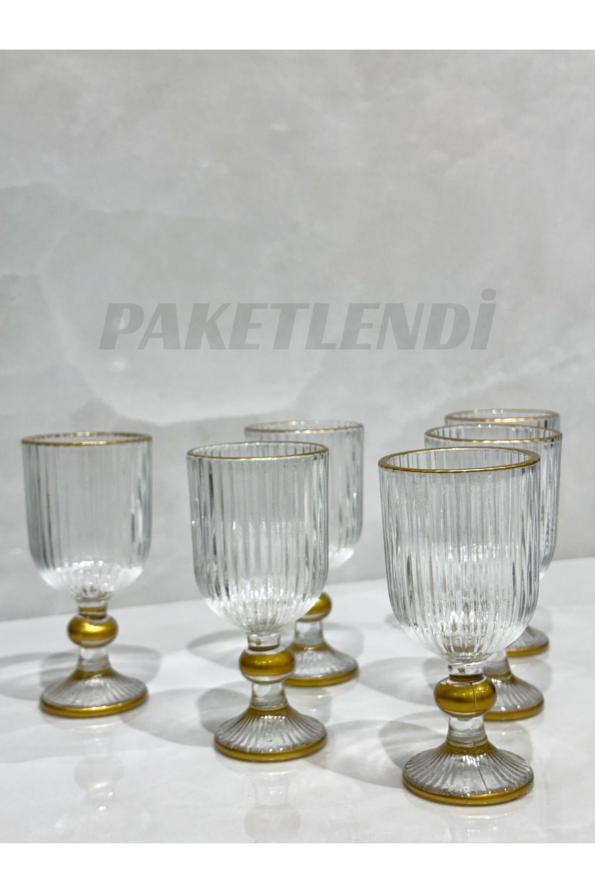 PAKETLENDİ 6 Adet Yaldızlı Mini Kahve Yanı Çizgili Bardak