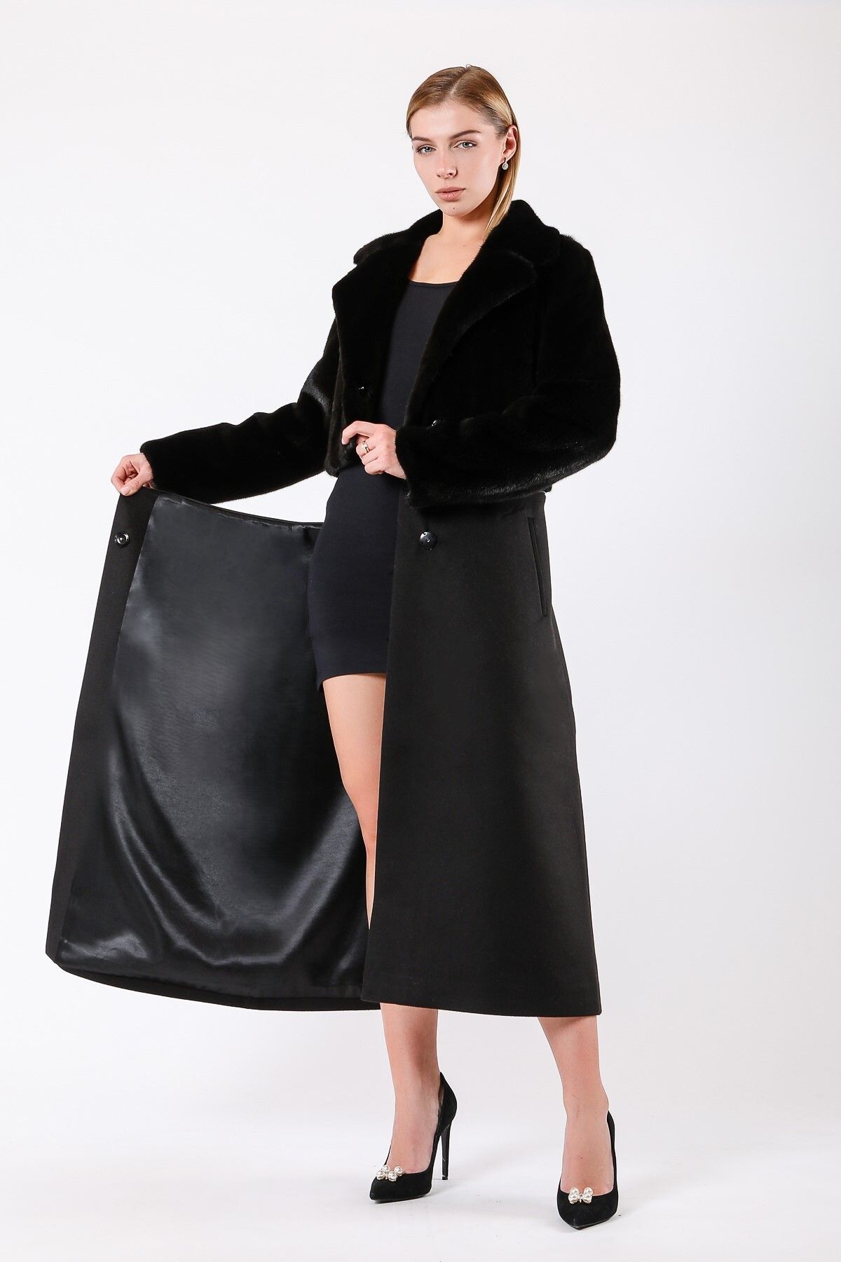 Leather Club-Black Mink Fur Garnished Cashmere Coat 5