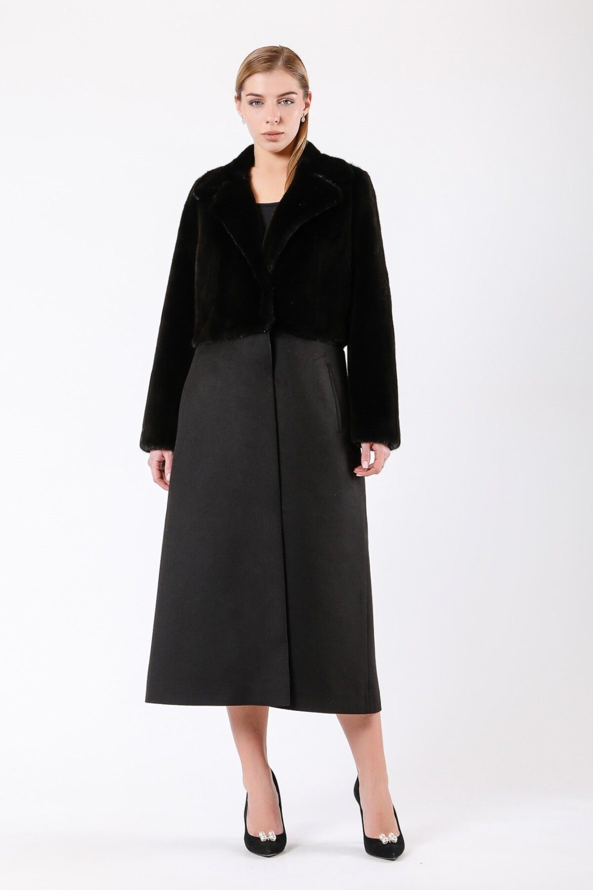 Leather Club-Black Mink Fur Garnished Cashmere Coat 1