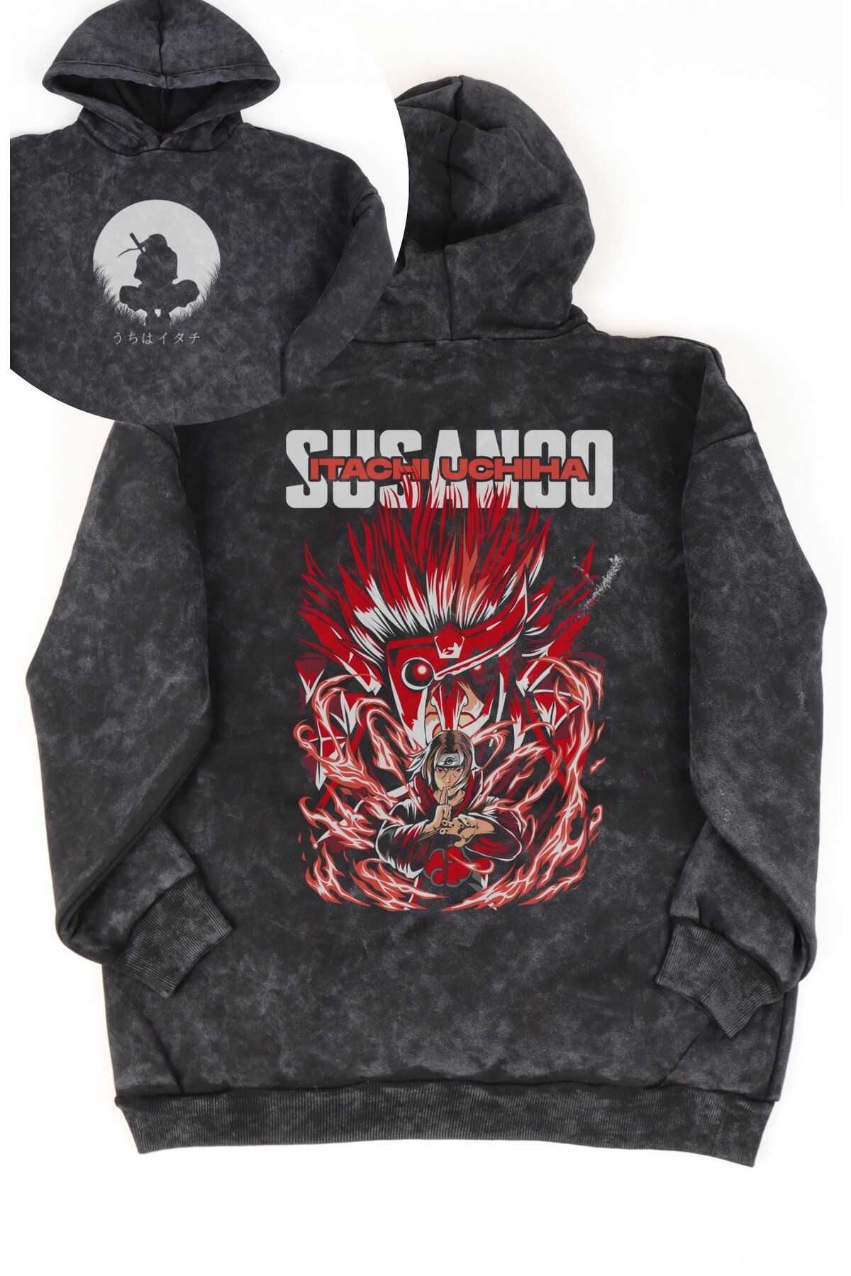 Fuddy Moda Unisex Susanoo İtachi Sırt Baskılı Kapüşonlu Yıkamalı Sweatshirt,Oversize Anime Temalı Retro Hoodie