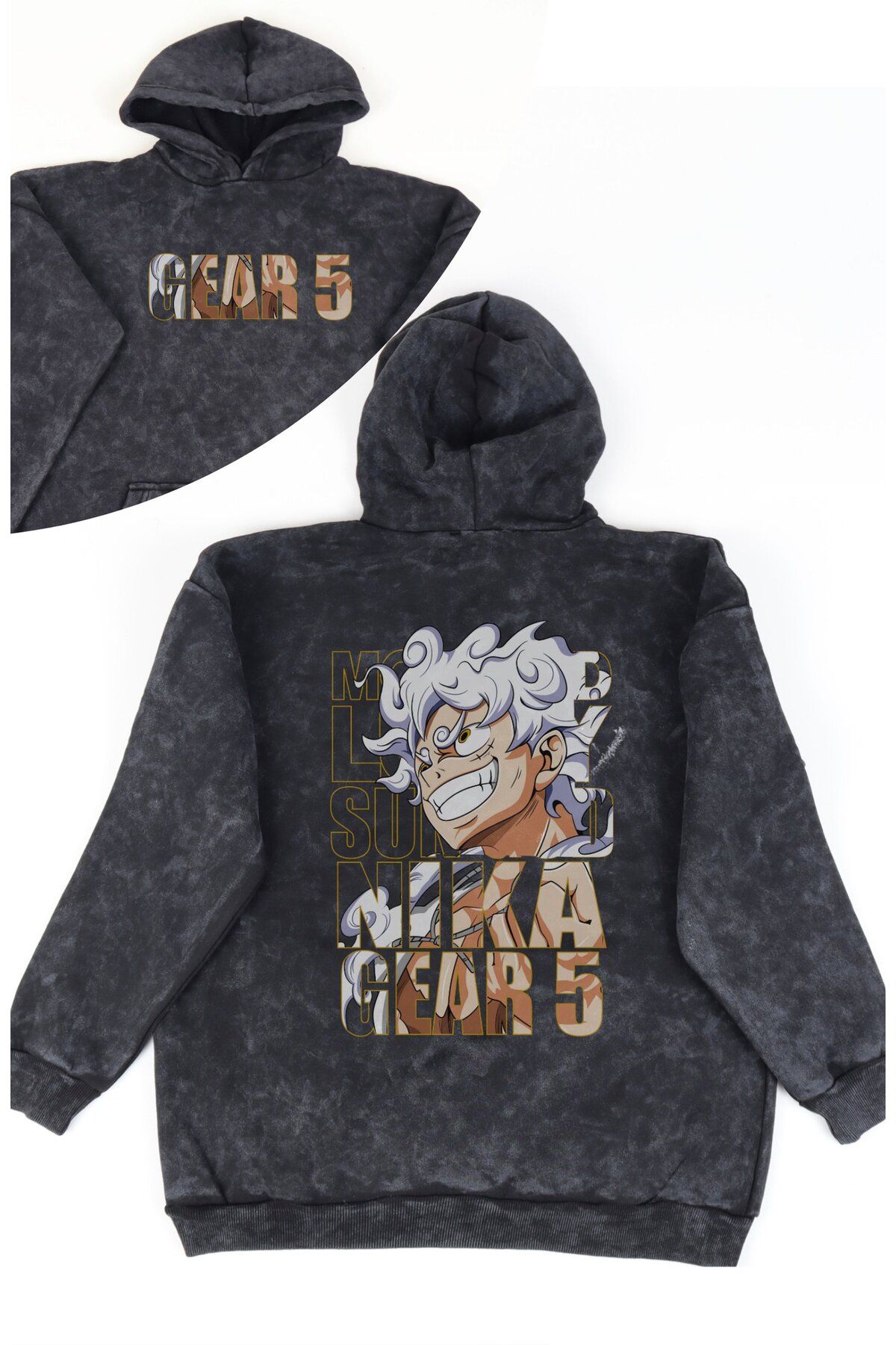 Fuddy Moda Unisex Luffy Gear 5 Sırt Baskılı Kapüşonlu Yıkamalı Sweatshirt, Oversize Anime One Piece Hoodie