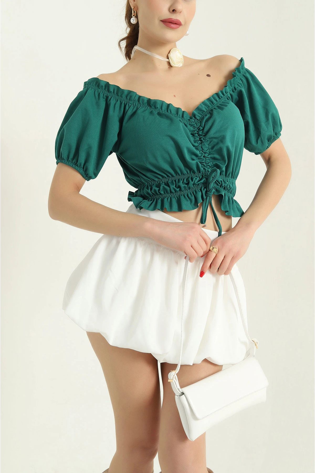 vuvutasarım-New Season Emerald Green Drawstring Crepe Blouse 1