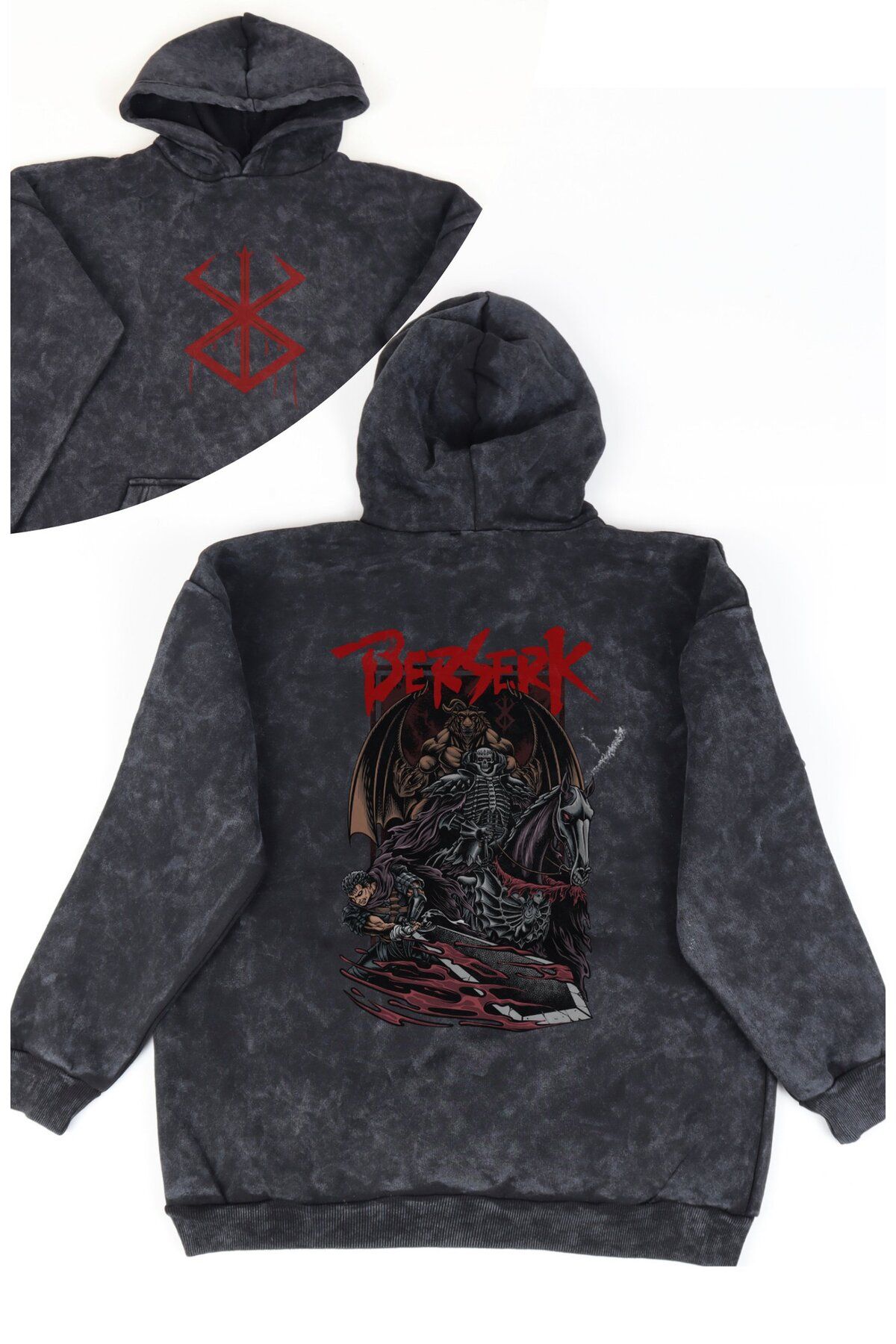 Fuddy Moda Unisex Berserk Sırt Baskılı Kapüşonlu Yıkamalı Sweatshirt, Oversize Anime Temalı Eskitme Hoodie