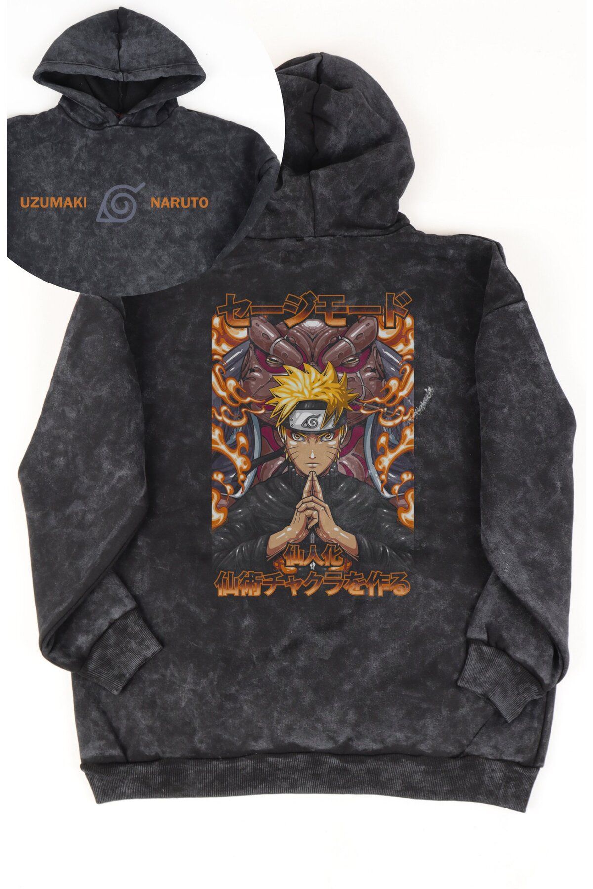 Fuddy Moda Unisex Uzumaki Naruto Sırt Baskılı Kapüşonlu Yıkamalı Sweatshirt, Oversize Anime Temalı Hoodie