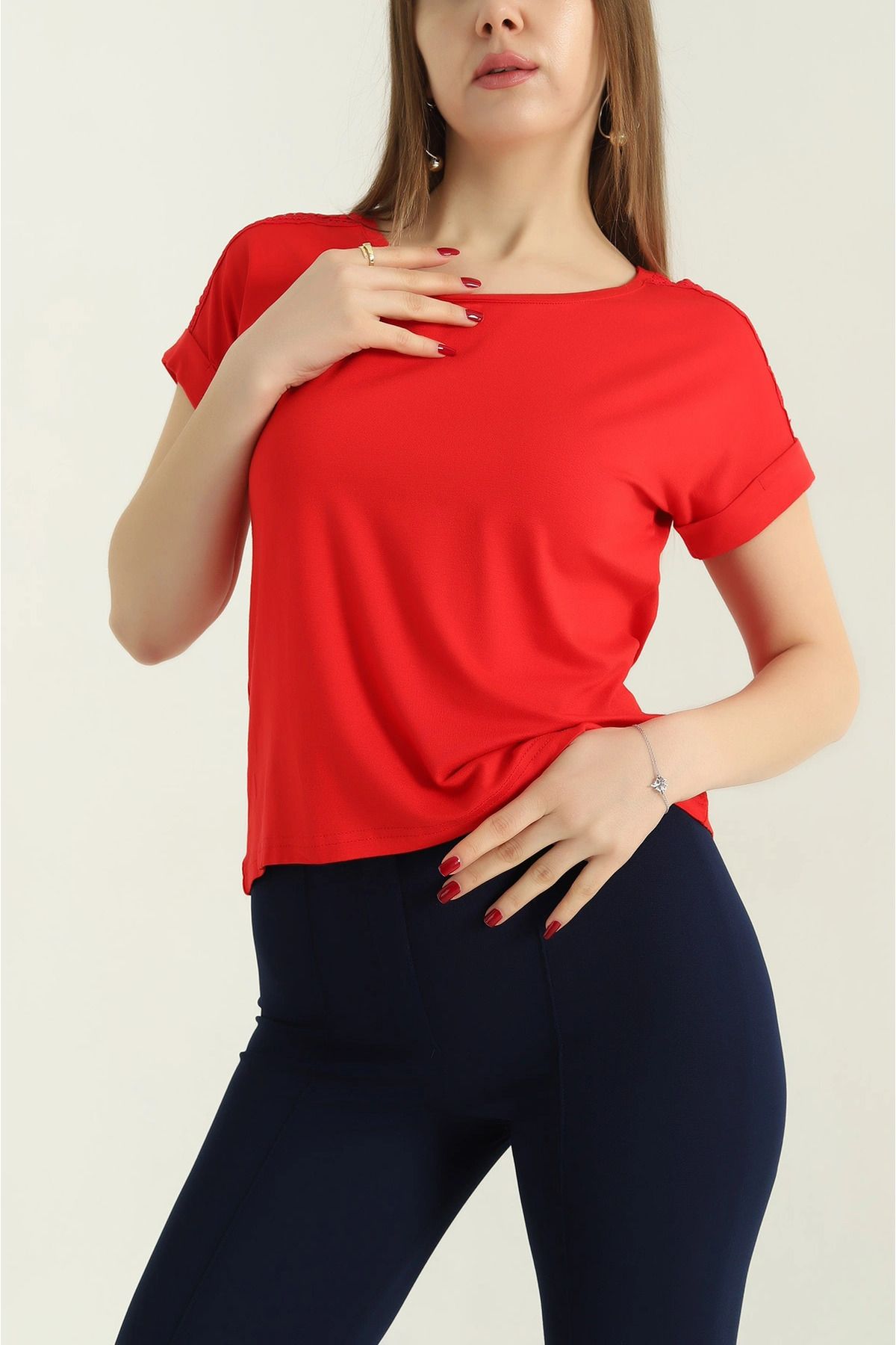 vuvutasarım-New Season Red Lace Shoulder Viscose Blouse 5