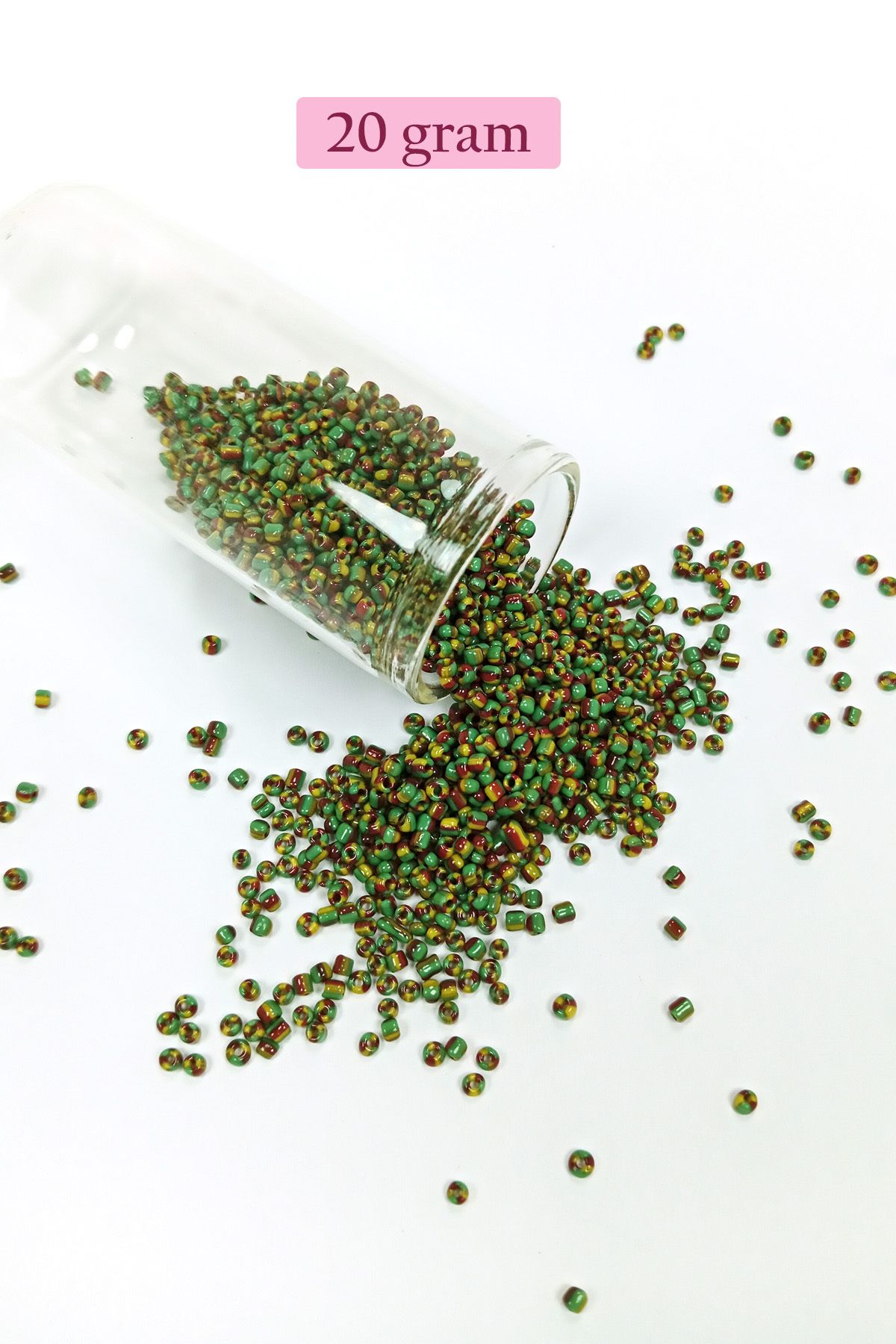 Kapamarka Dökme Cam Kum Boncuk (11/0) 2 mm - 20 Gram - Yeşil Sarı Çizgili - BNC006