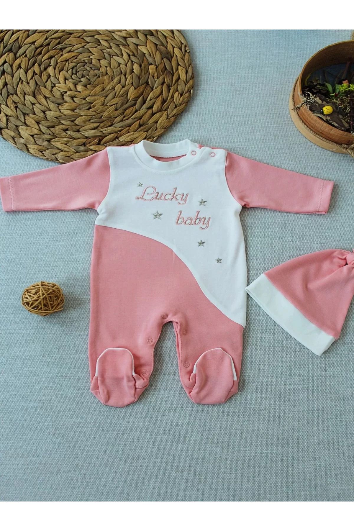 Shop58 Lucky Baby Nakışlı Es Çizgi Boy Şapkalı Kız Bebek Tulumu Pudra