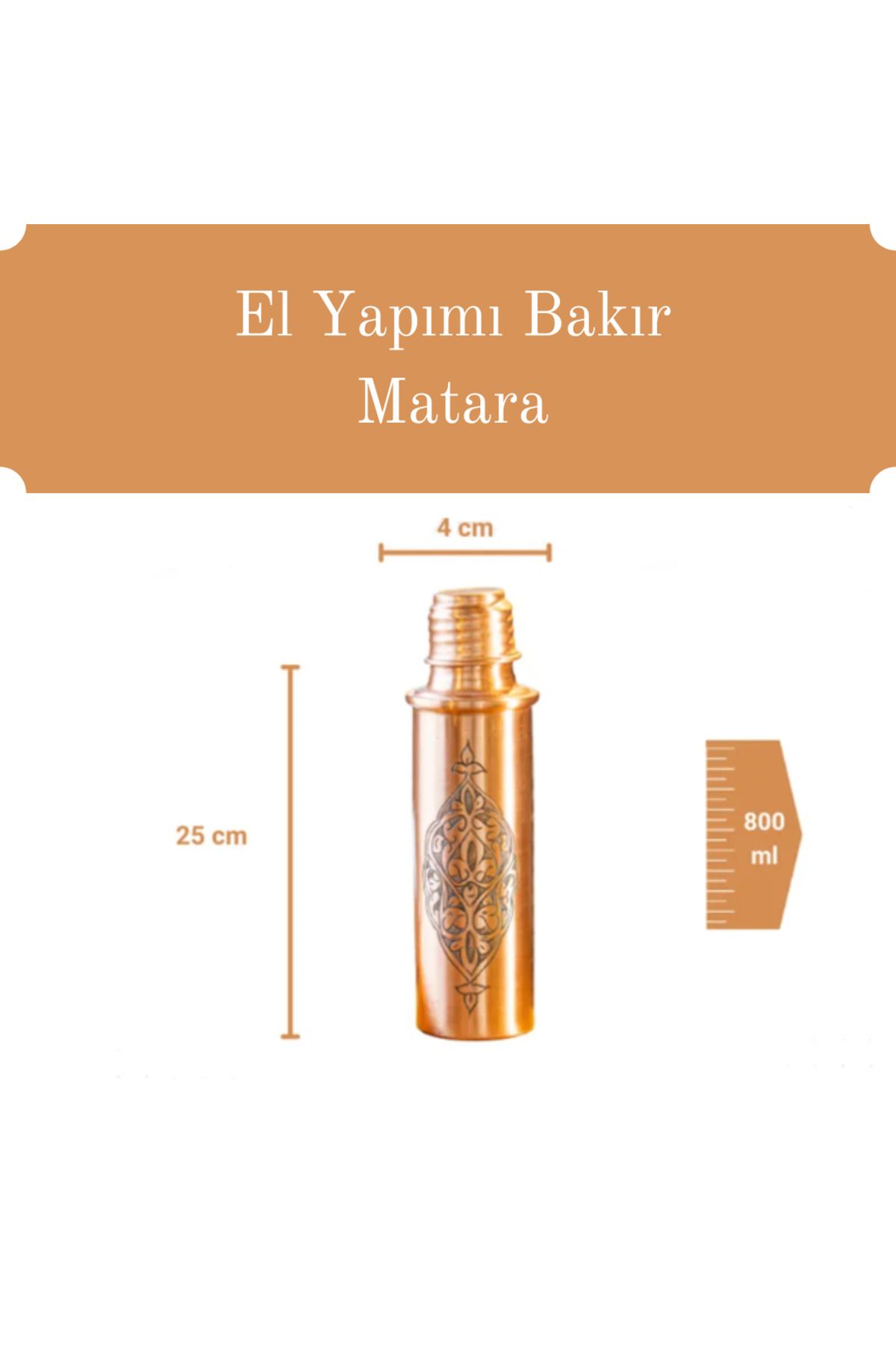 Akşifa Bakır Matara Işlemeli Büyük Boy 800 ml Mat 100% bakir kalaysiz