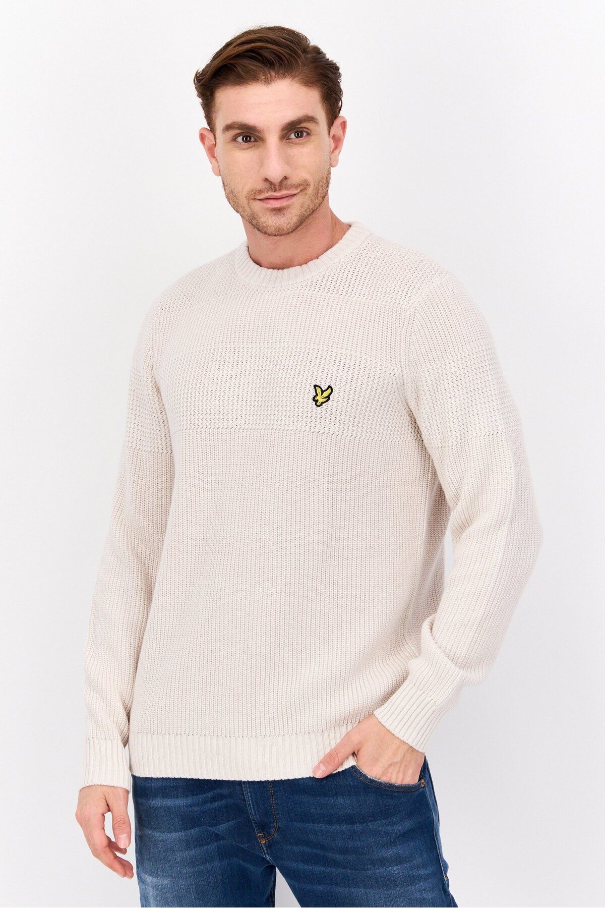 Lyle & Scott-Men Crew Neck Embroidered Logo Sweater, Off White 1