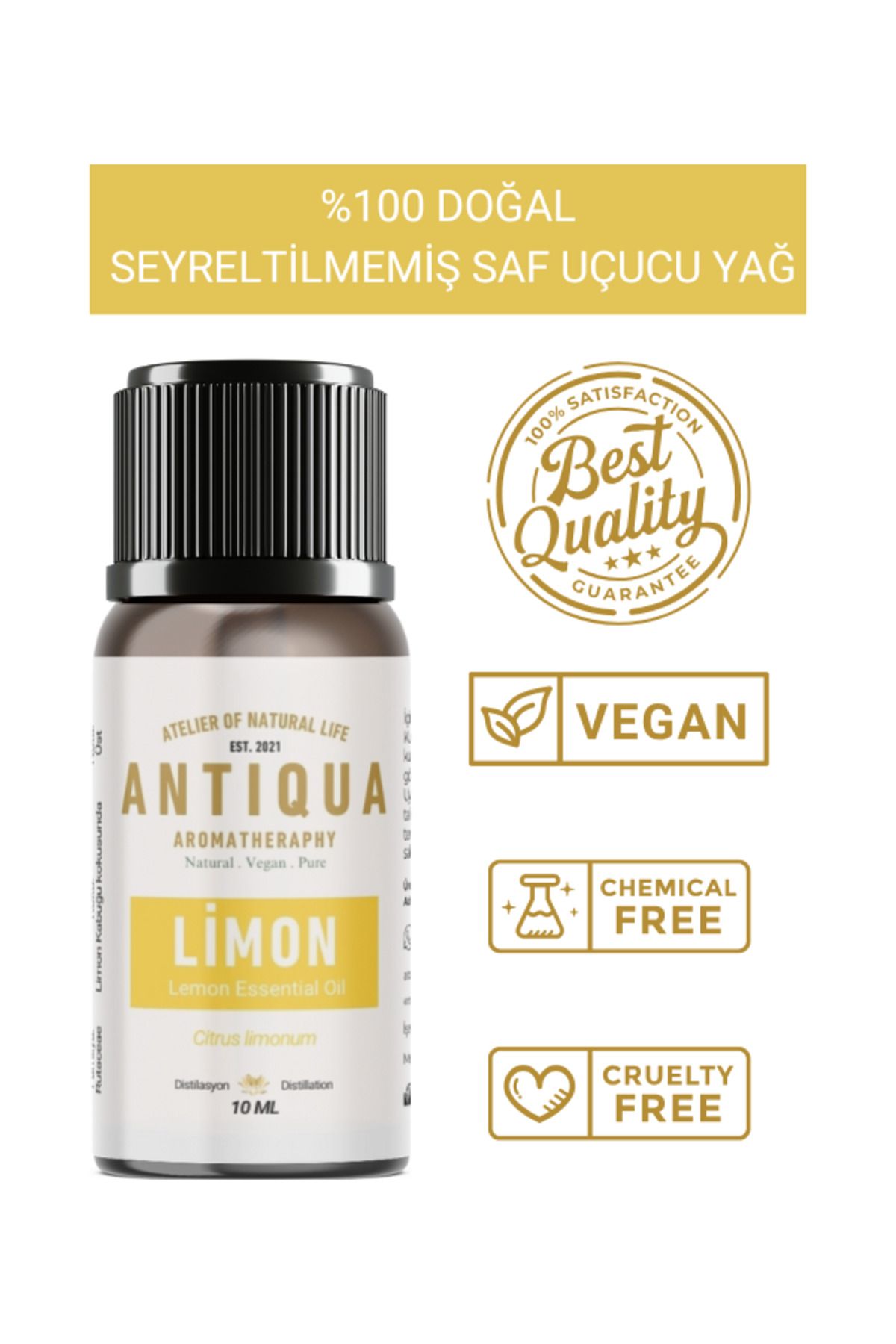 Antiqua Aromaterapi Limon Uçucu Yağı 10 Ml (Seyreltilmemiş Ürün, %100 Doğal ve Saf)