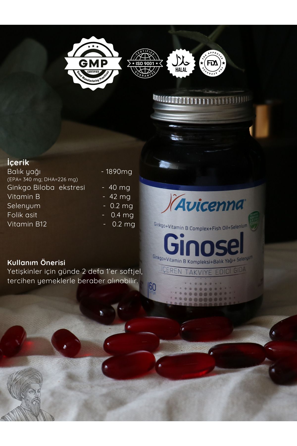 Avicenna-Ginosel - 60 Softgel Capsules - Fish Oil, Gingko, Vitamin B, Selenium, Omega, Selenium, B Complex 3