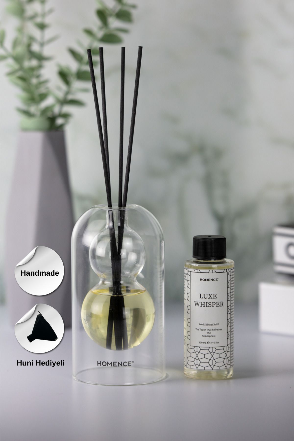 homence Luxe Whisper Bambu Çubuklu Dekoratif Cam Oda Kokusu – Vanilya, Sandal ve Amber 100ml Refill