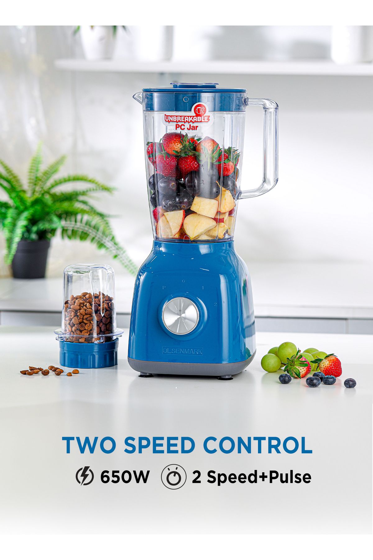 Olsenmark-2-in-1 Large Capacity Countertop Blender Juicer Mixer Set 1.8 L 650 W Omsb2238 Blue/clear 2