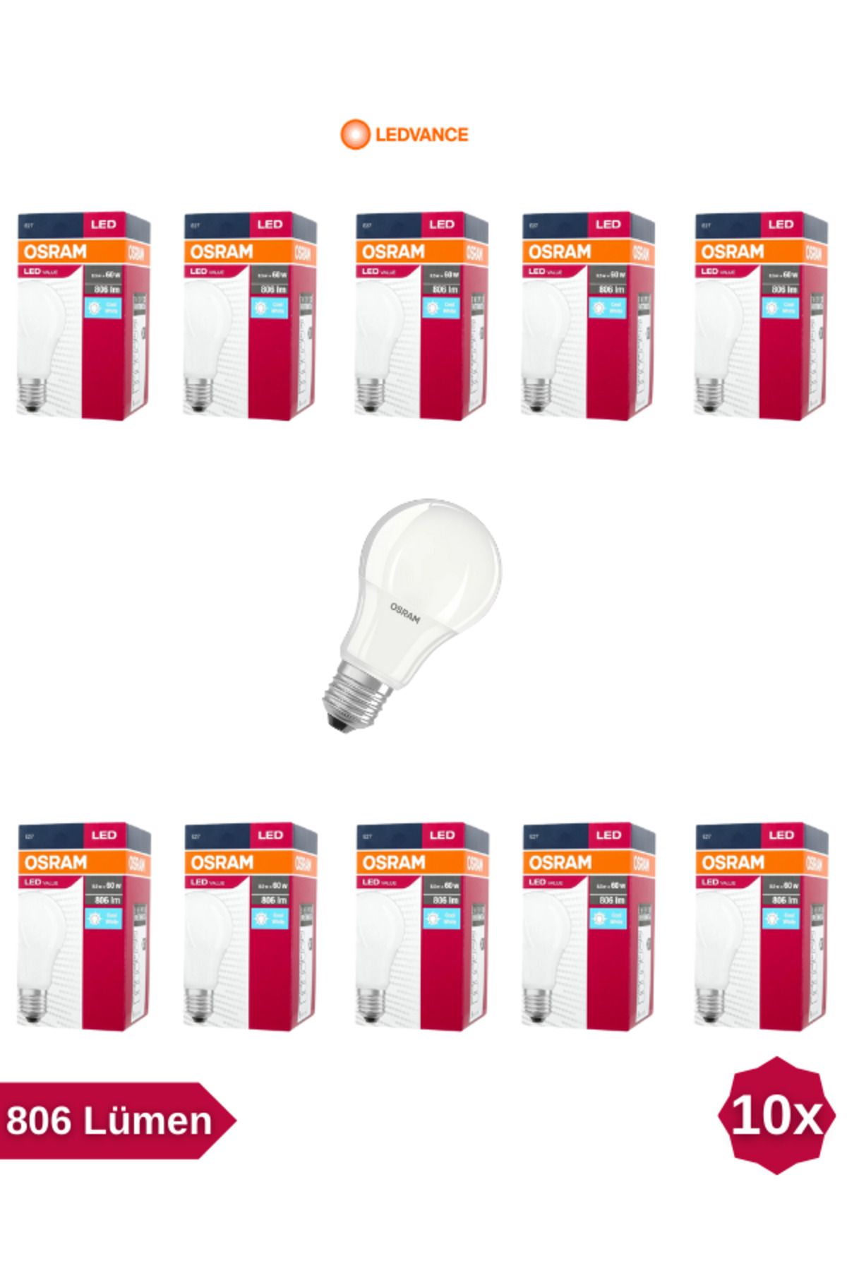 Osram Ledvance Ledvance Value 8,5w/865 Beyaz Işık 806 Lümen E27 Led Ampul 10'Lu Eko Paket