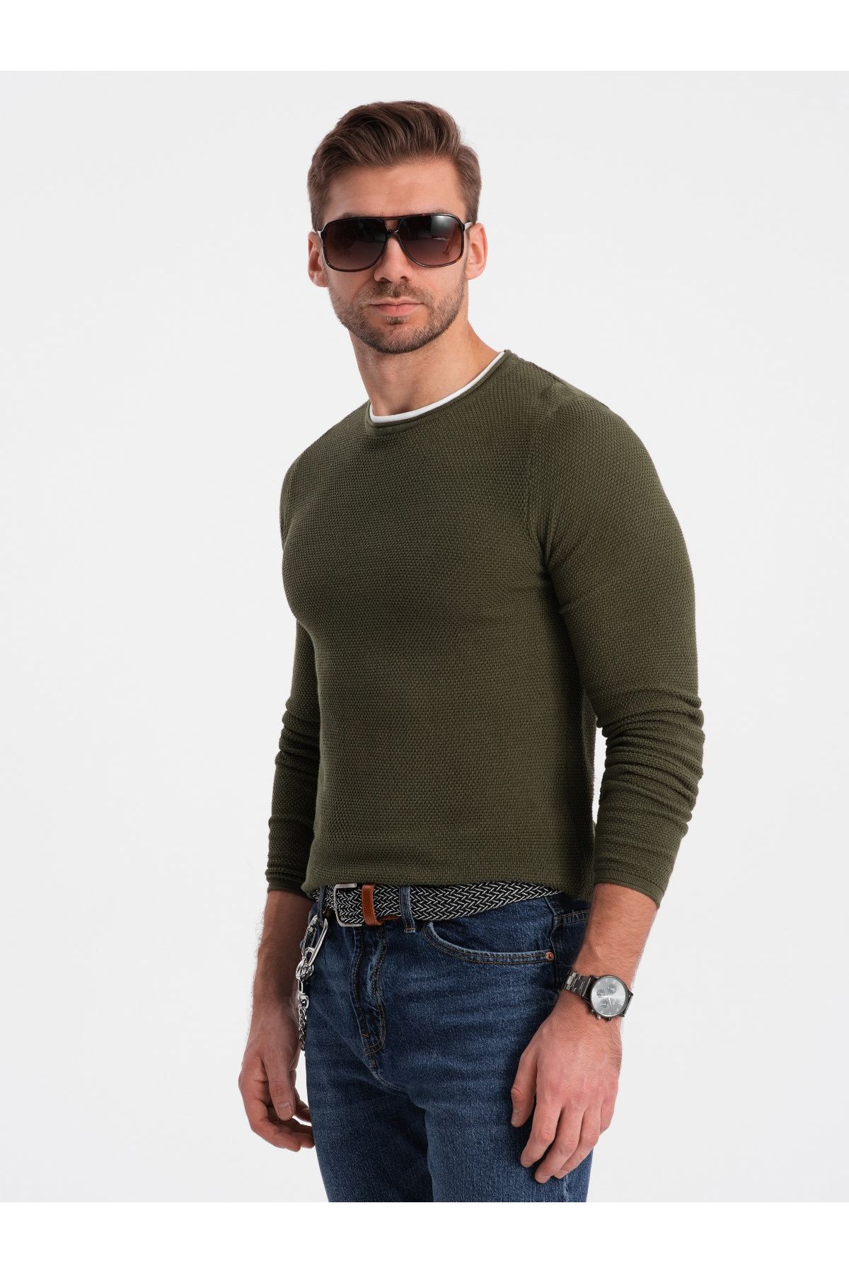 OMBRE-Herren Baumwollpullover mit Rundhalsausschnitt - dunkeloliv V7 OM-SWSW-0103 M 2