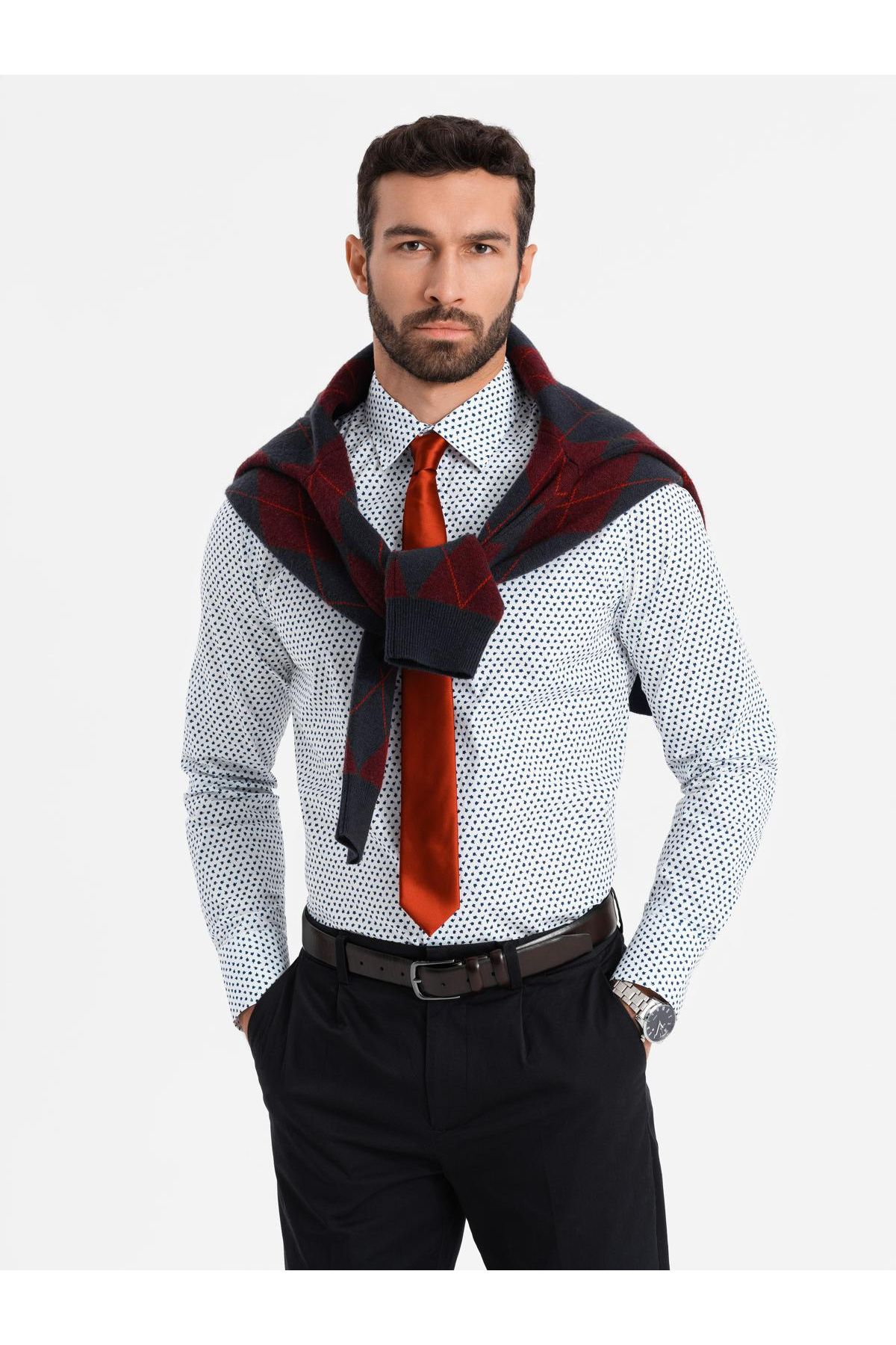 OMBRE-Pánska košeľa SLIM FIT jemného vzoru - biela V2 OM-SHCS-0140 XXL 2