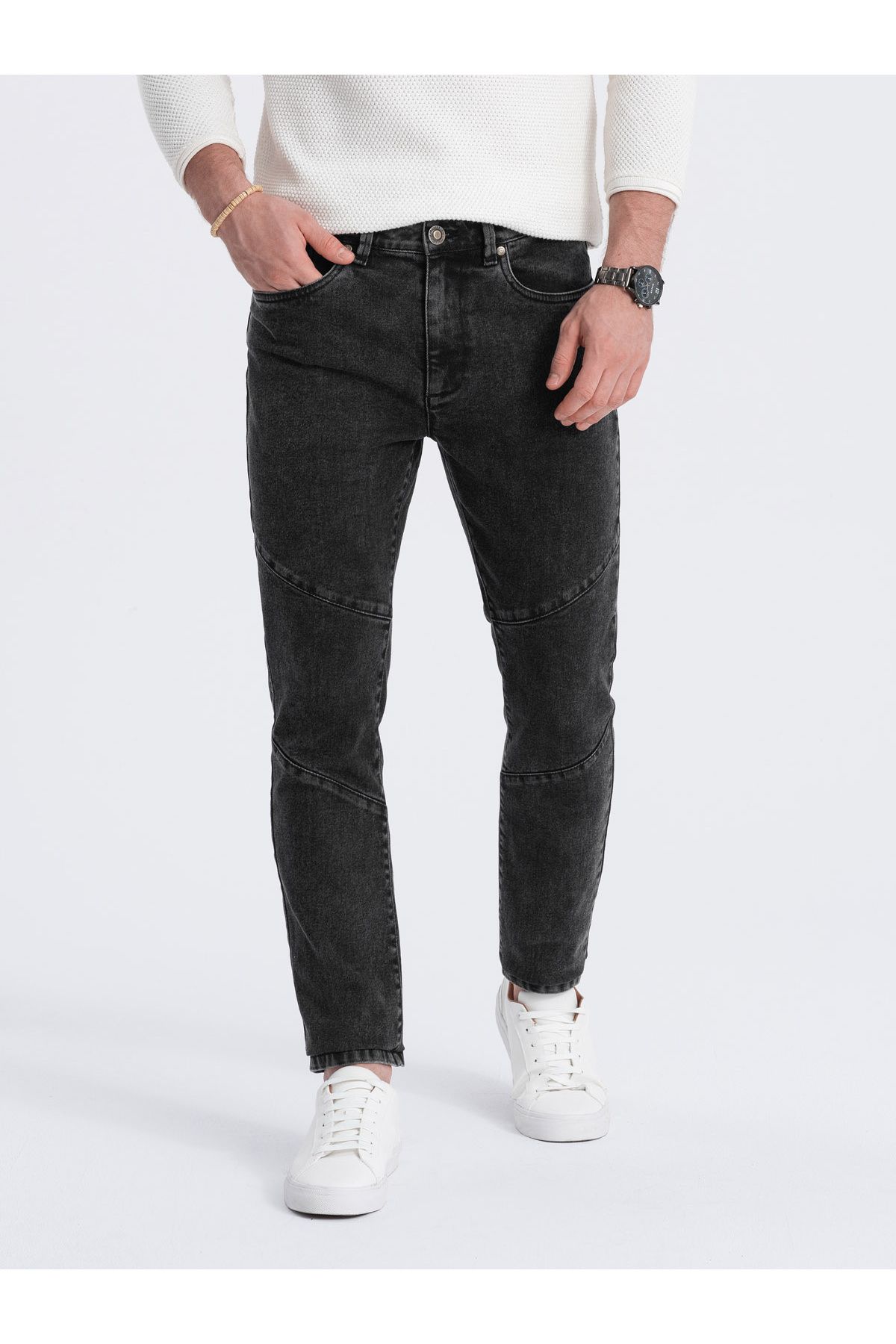 OMBRE-Pánske slim fit džínsové nohavice s prešívaním na kolenách - čierne V2 OM-PADP-0109 L 1