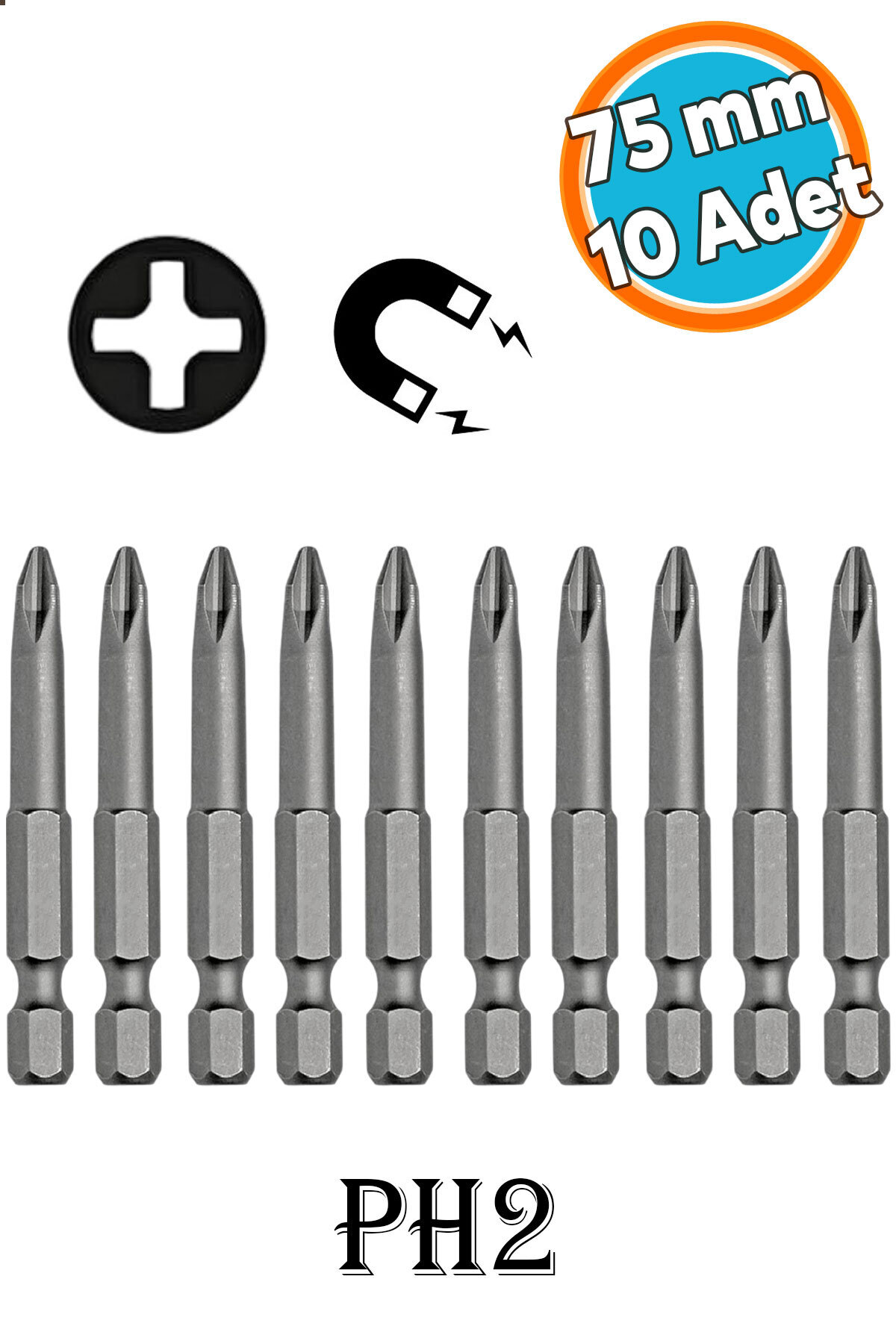 NZB Mıknatıslı Yıldız PH2 Bits Uç 75 mm 10'lu Set Kutulu Manyetik