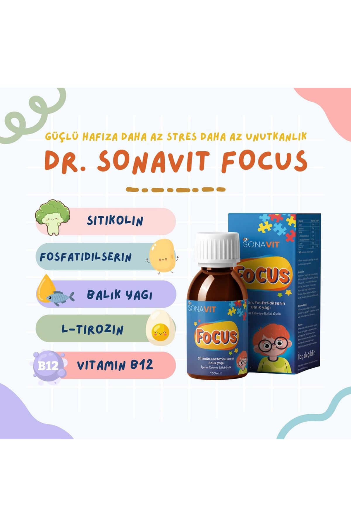 Dr Sonavit Focus Şurup 150ml Sitikolin, Fosfatidilserin, L-tirozin, Beta glukan, Vitamin B12