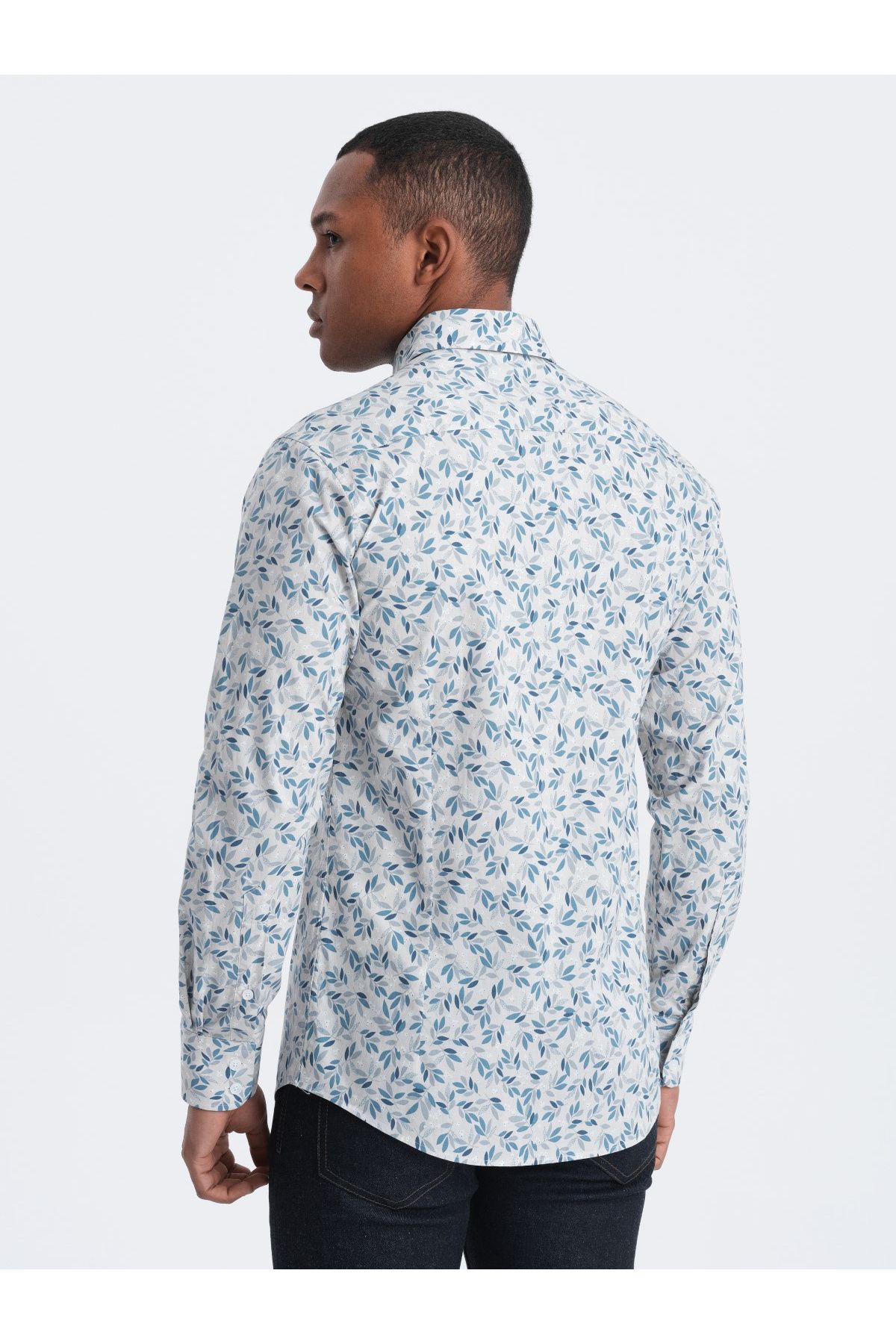 OMBRE-Herren SLIM FIT Hemd im Zweig-Print - blaugrau V2 OM-SHPS-0163 L 9
